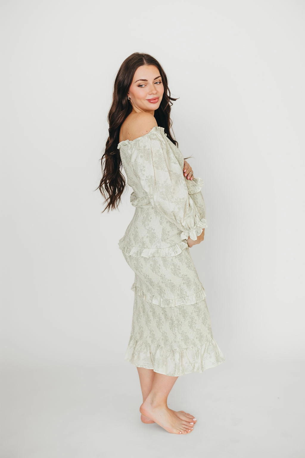 The Chloe Midi Dress in Sage - Bump Friendly *Final-Sale* Light Coral Subtle Finish