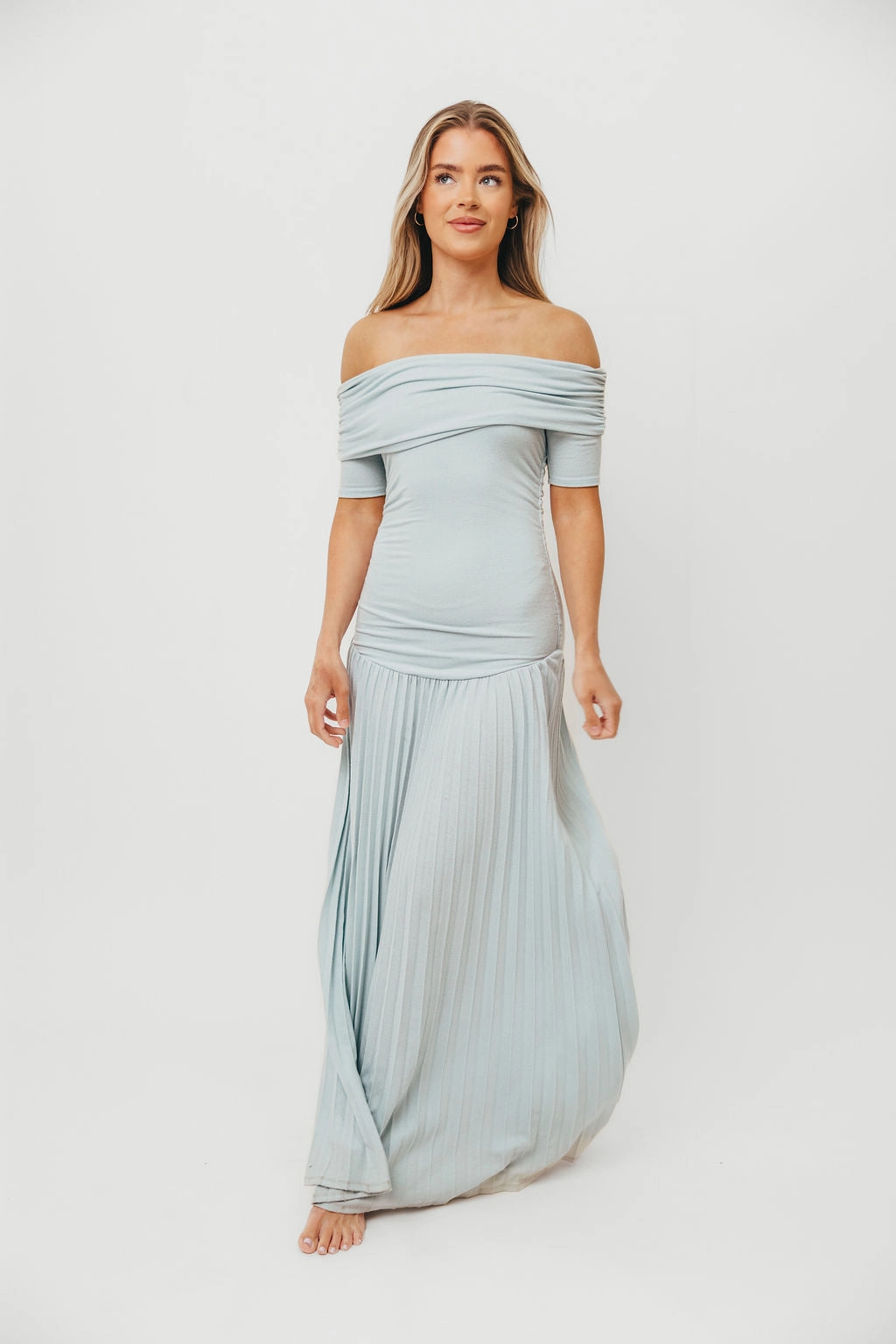 The Lennox Maxi Dress in Dusty Blue Luxe Touch Low Key