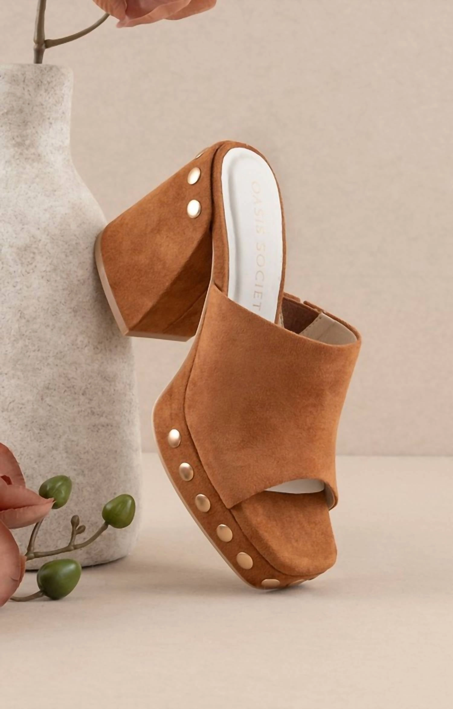 The Leona - Studded Suede Platform Heels In Caramel Quick Slip Shoes