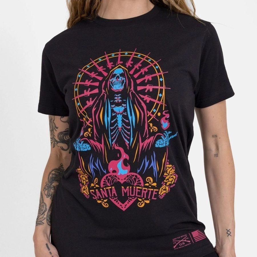 Women's Santa Muerte Boyfriend Fit T-Shirt - Black Breathable Look Simple and Comfortable