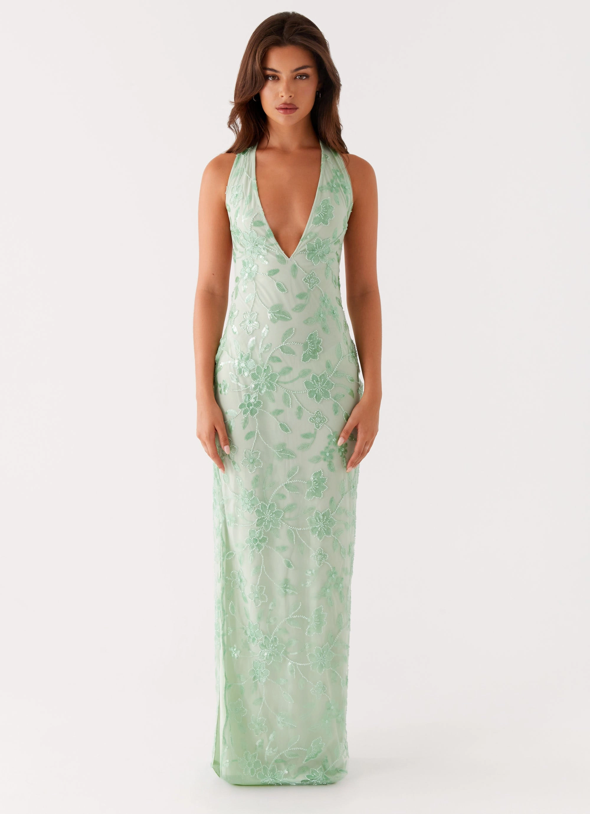 Cydney Beaded Maxi Dress - Sage Square Neck Relax Style