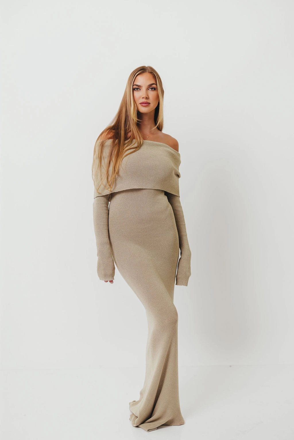 Euro Touch All Fit Winona Off-the-Shoulder Knit Maxi Dress in Oyster