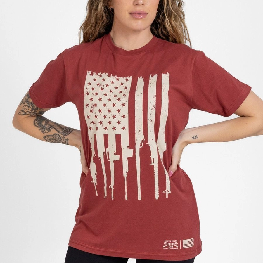 Women's Rifle Flag Boyfriend Fit T-Shirt - Red Plum kids' Office Wear