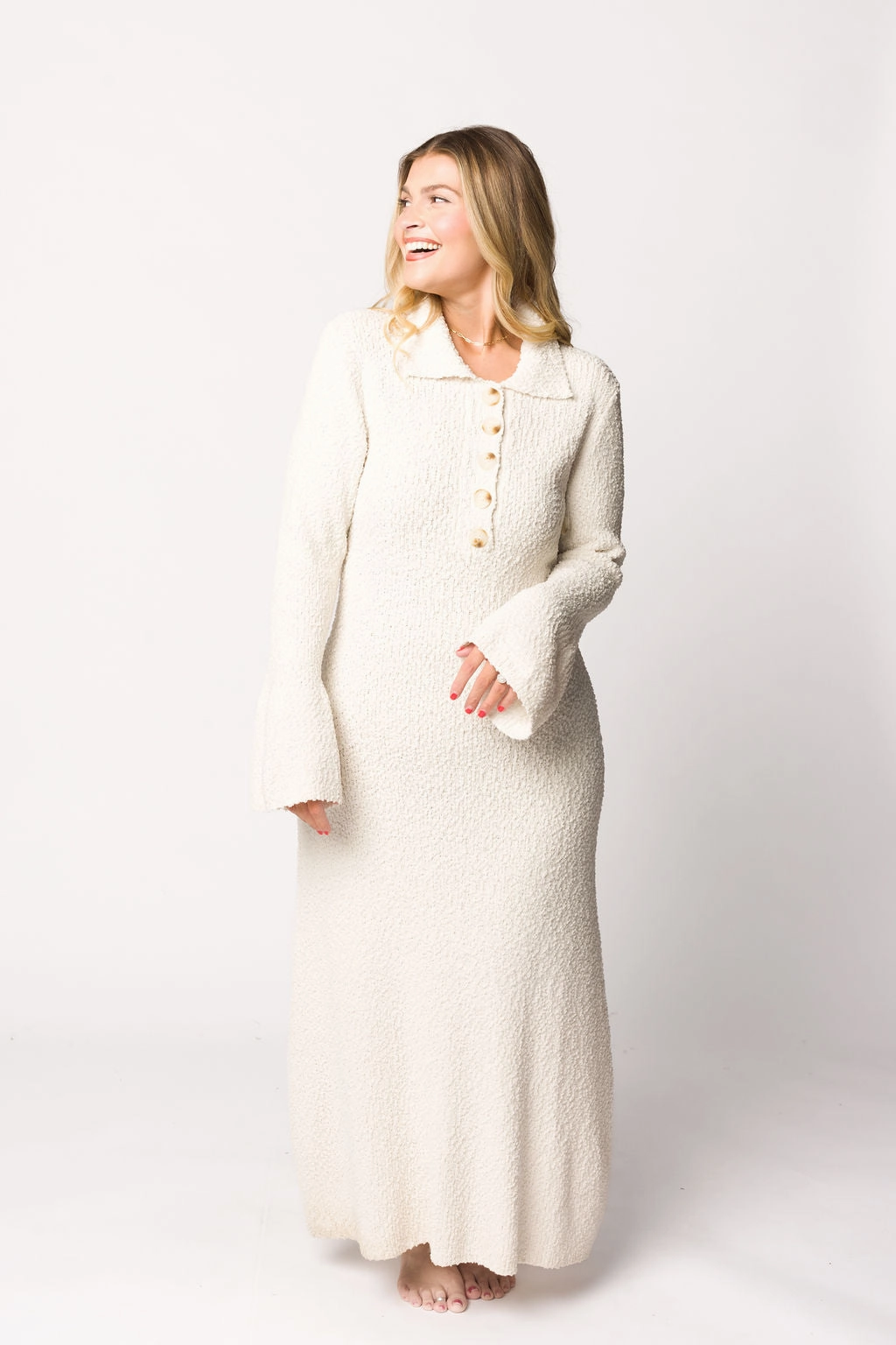 Courtney Boucle Maxi Shirt Dress in Cream- Nursing Friendly Sleek Drape Nature Inspired