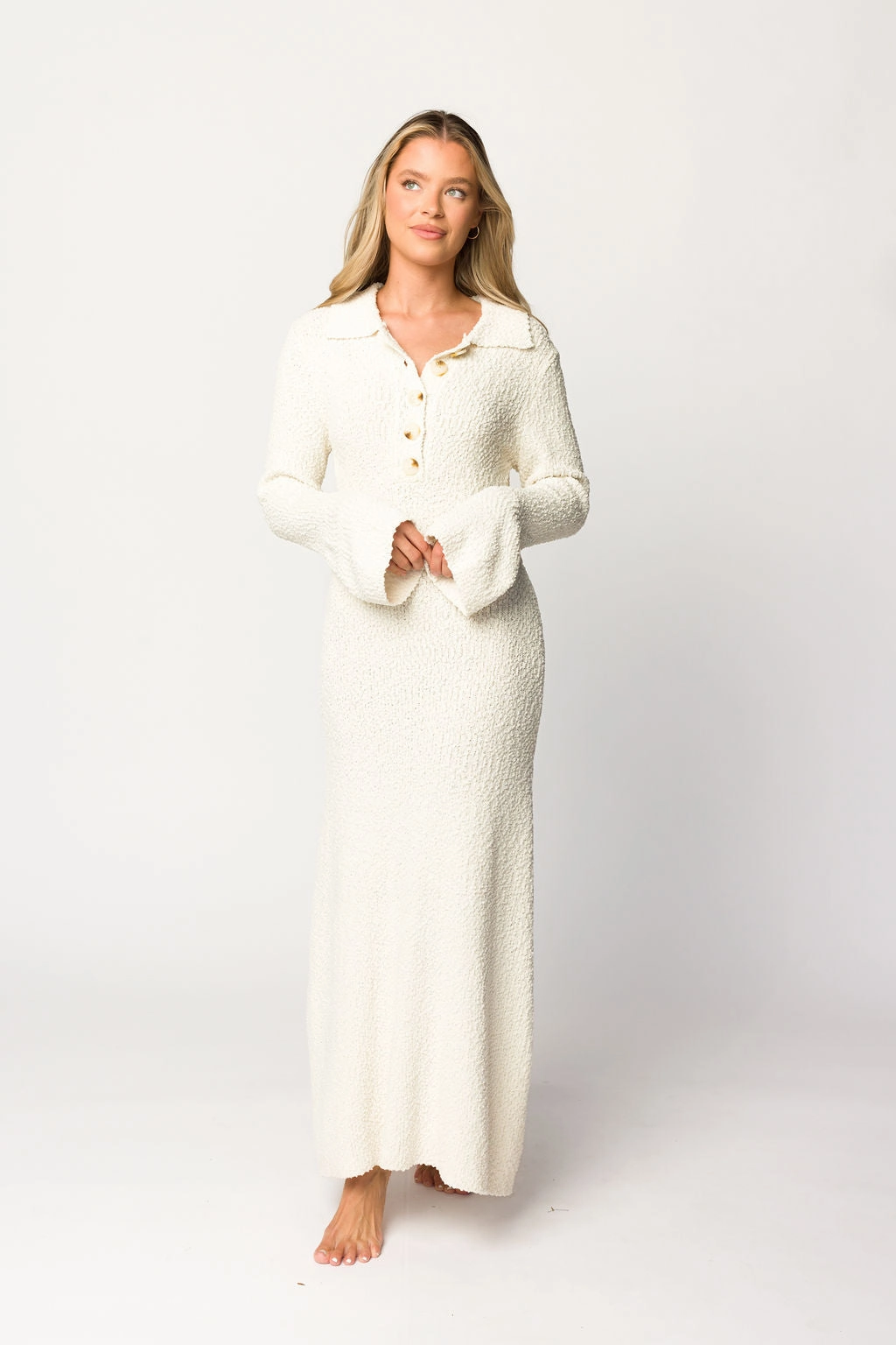 Courtney Boucle Maxi Shirt Dress in Cream- Nursing Friendly Flattering Design