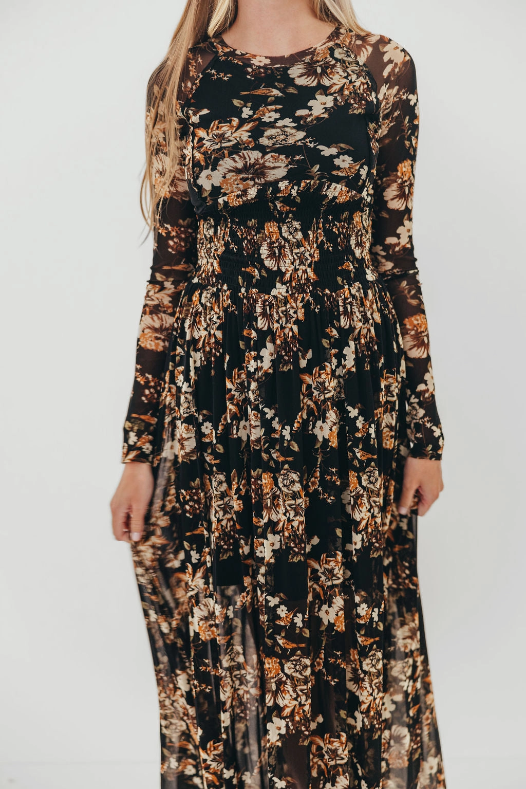 Playful design piece Tall Fit Tori Floral Mesh Long Sleeve Midi Dress in Black