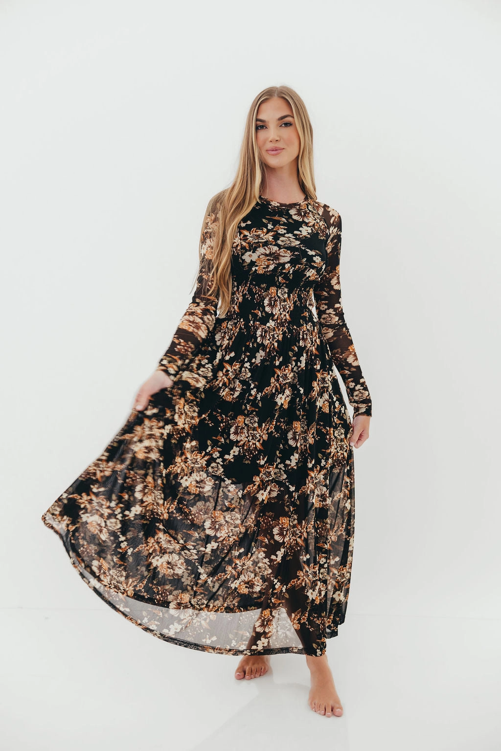 Elegant Style warm tones Tori Floral Mesh Long Sleeve Midi Dress in Black