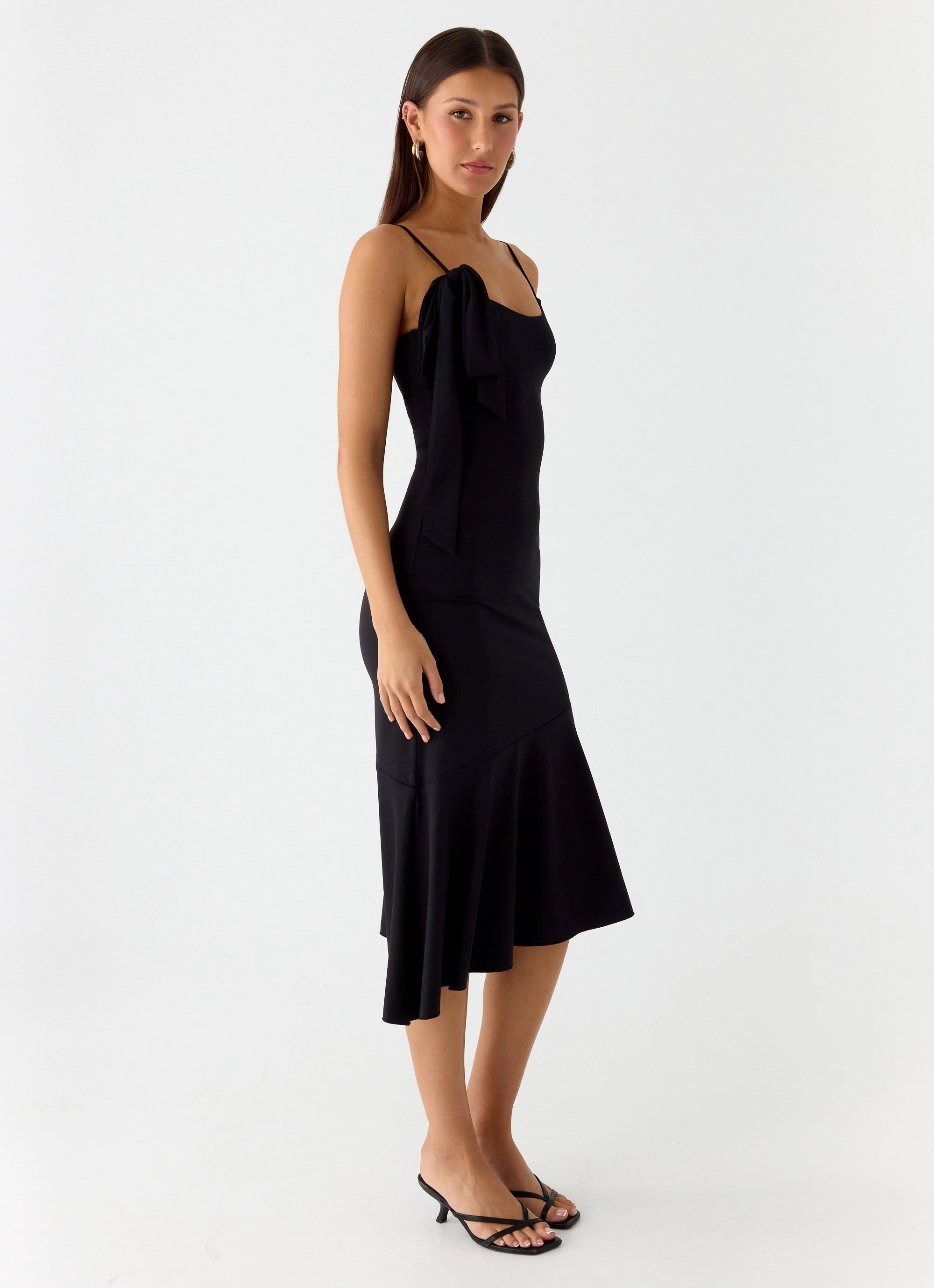 Tranquility Asymmetric Midi Dress - Black Silky Silhouette