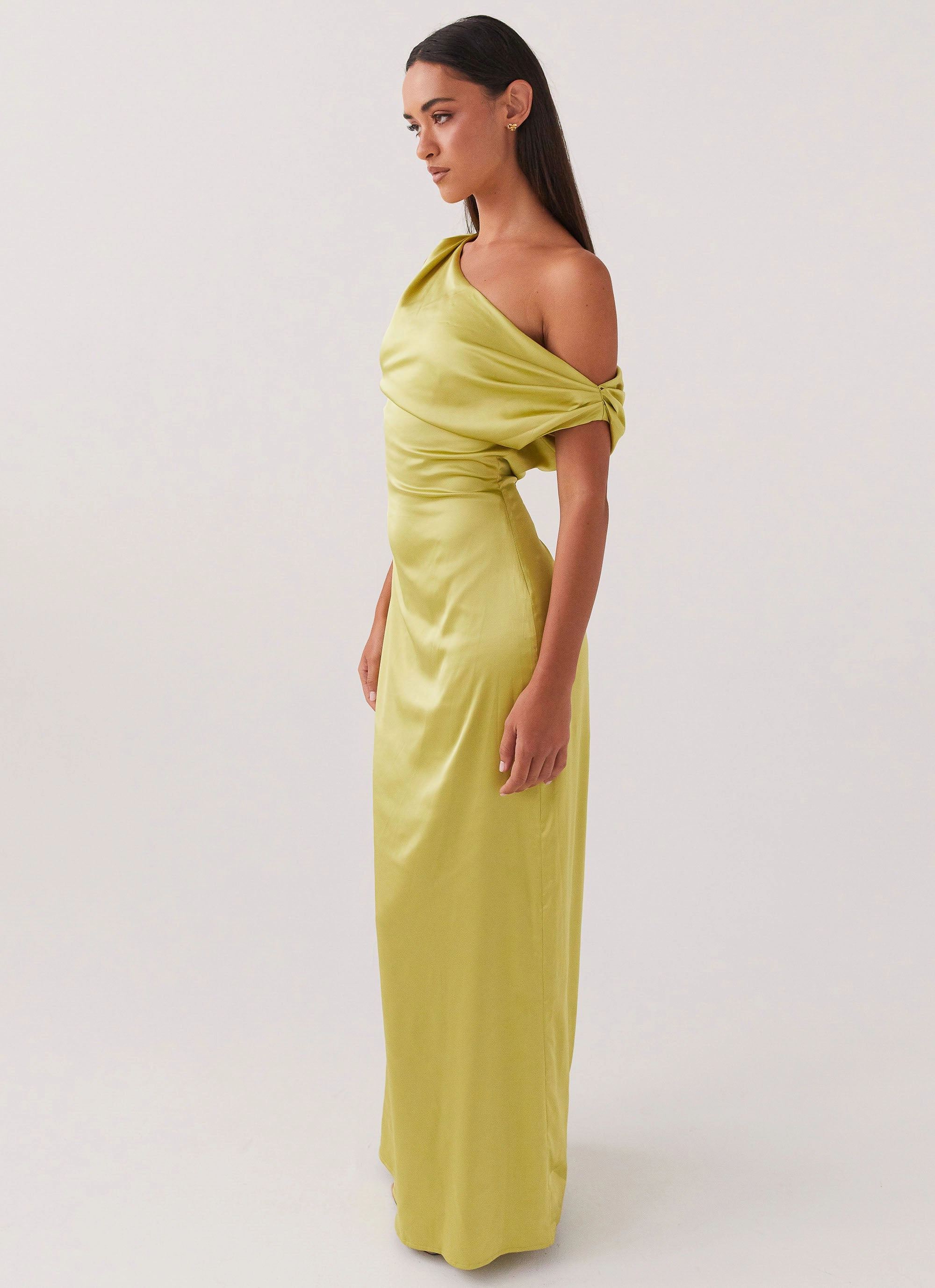 Heart Of Glass Satin Maxi Dress - Chartreuse Relax Cut Satin-Sleeve