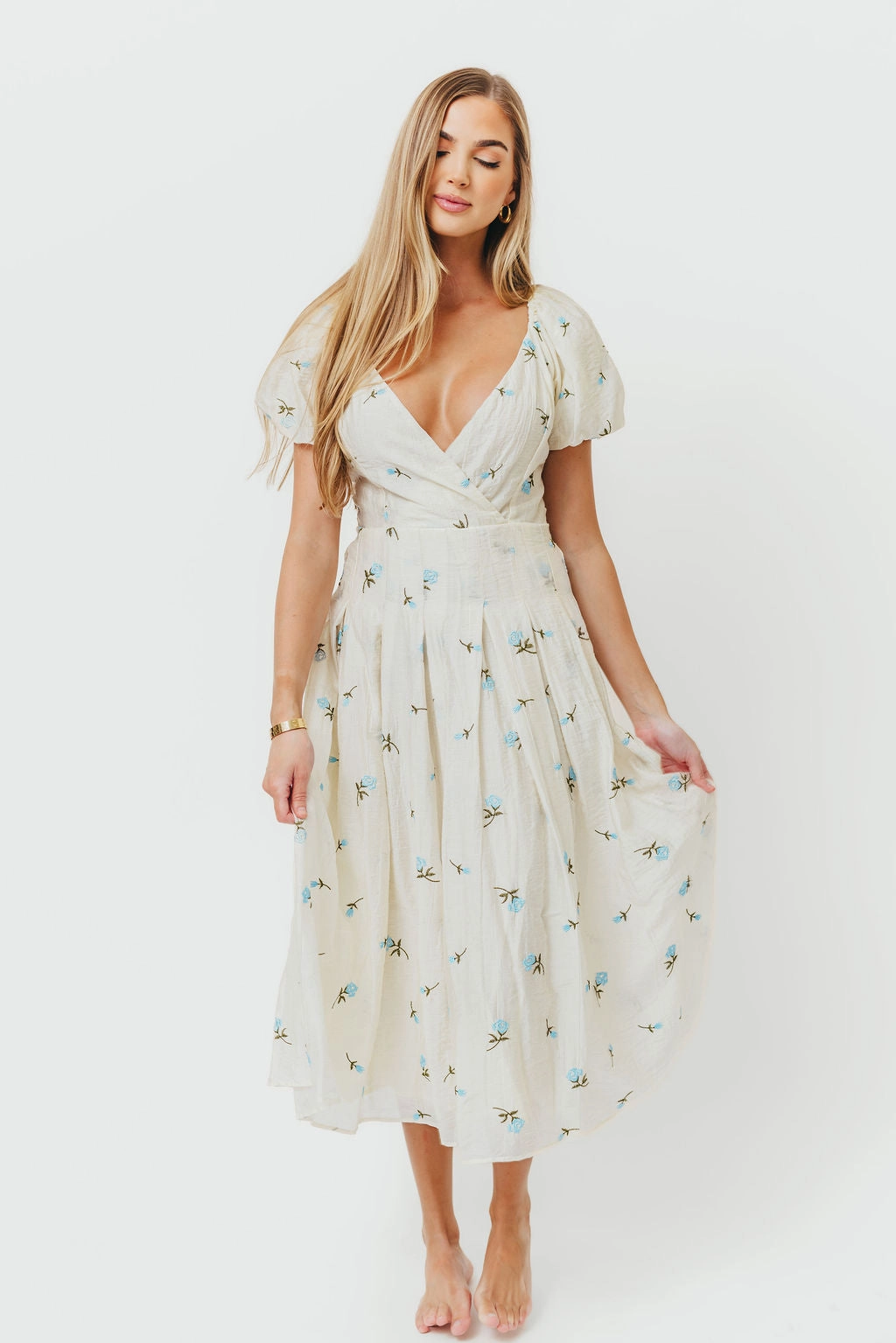 New Spirit Effortless Layering Meadow Floral Midi Dress in Ivory/Blue *Final-Sale*