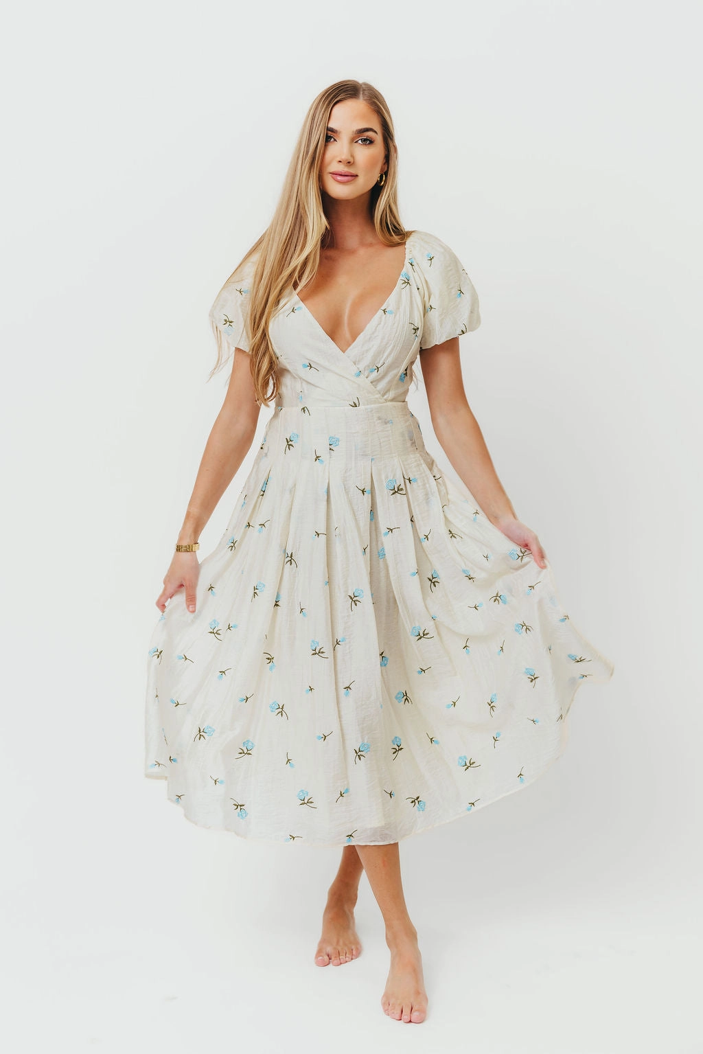 Texture Mood Meadow Floral Midi Dress in Ivory/Blue *Final-Sale*