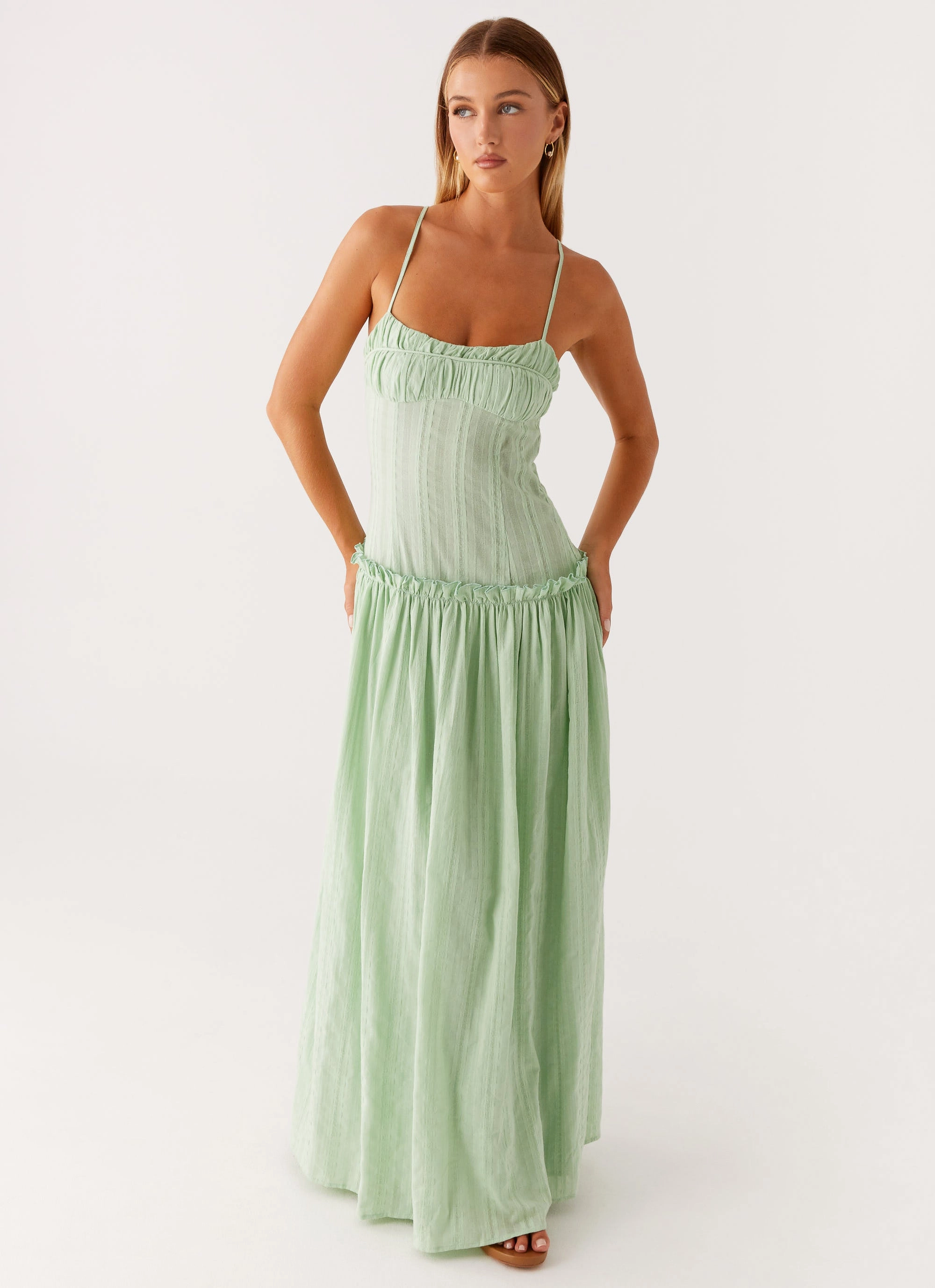 Jacinda Drop Waist Maxi Dress - Sage Pleated-Texture