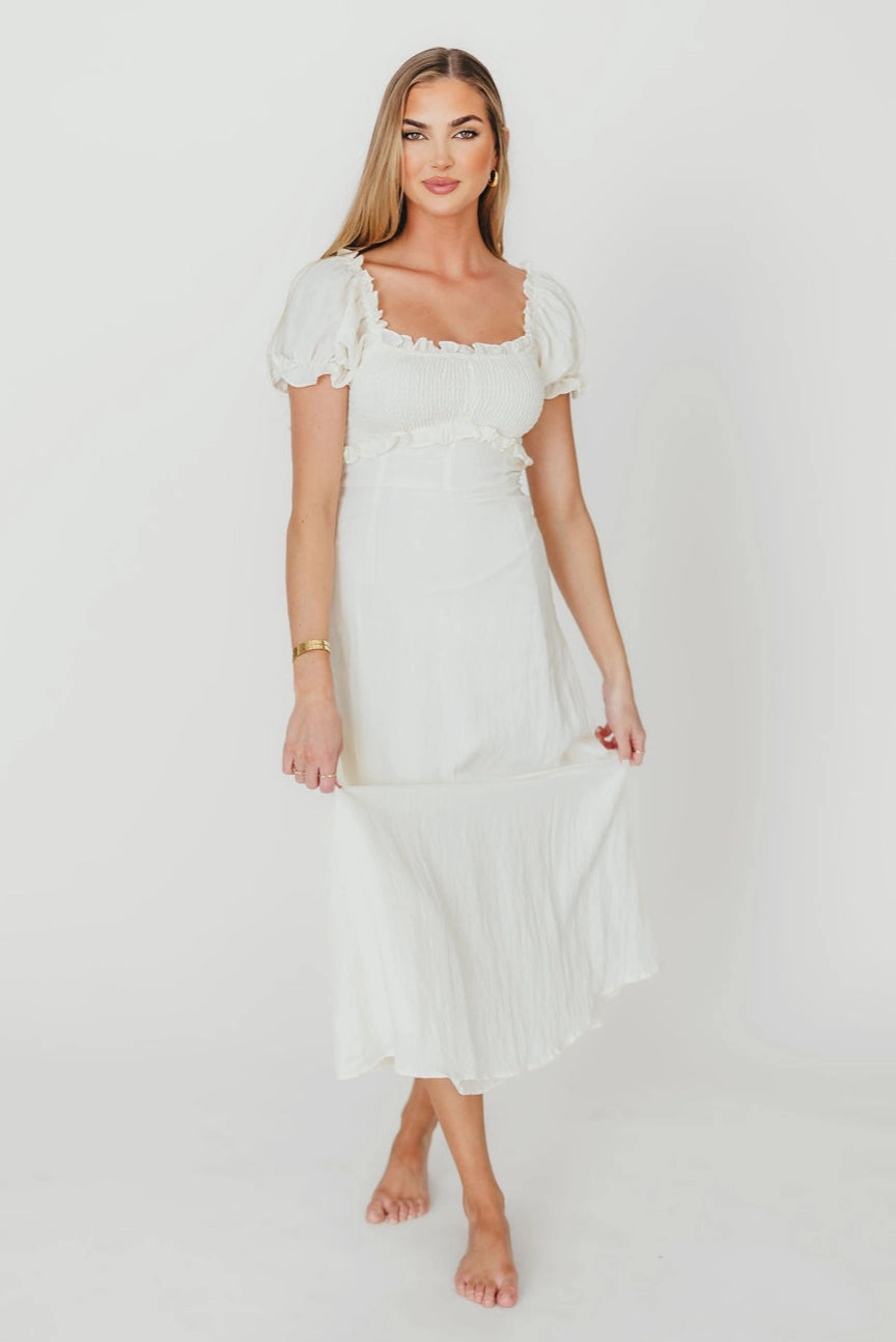 Penny Puff Sleeve Ruffle Midi Dress in Cream Airy Layer