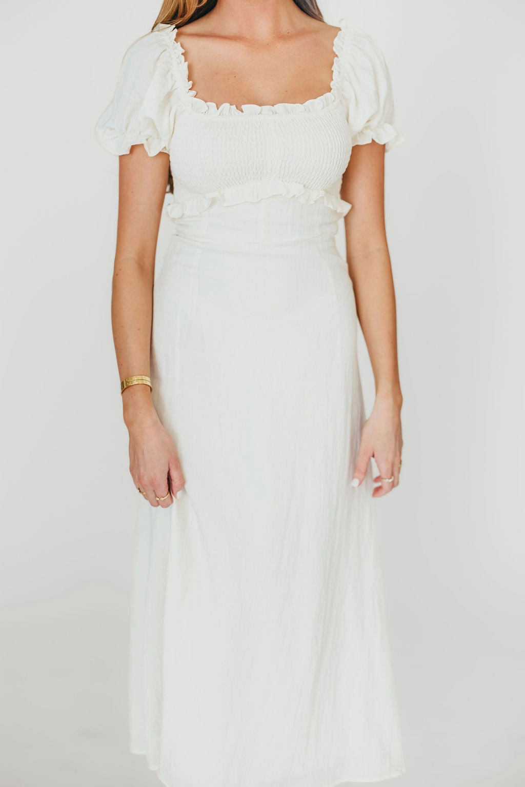 Penny Puff Sleeve Ruffle Midi Dress in Cream Shore Time Lightweight Comfort