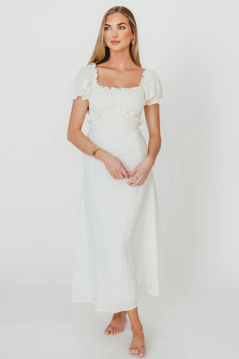 Lounge Cut Penny Puff Sleeve Ruffle Midi Dress in Cream