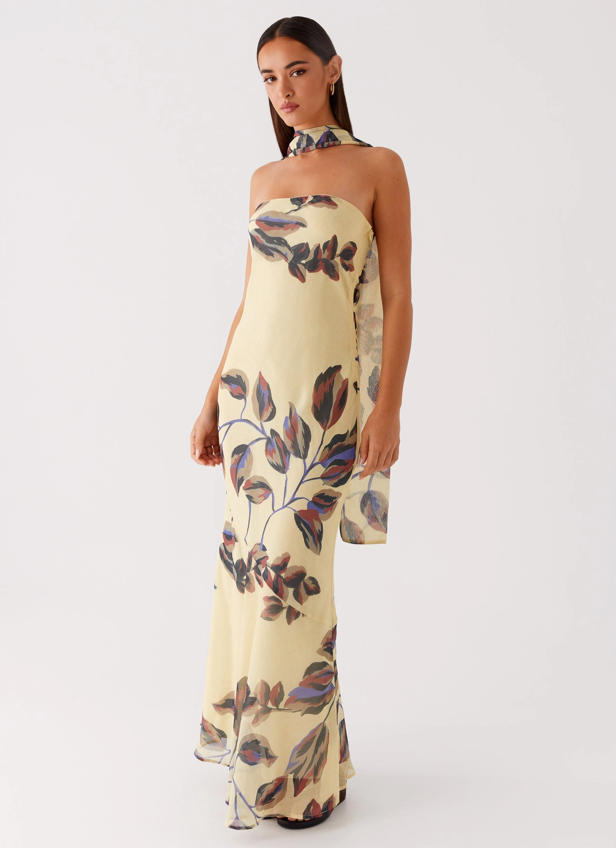 Versatile and Comfortable Under The Pagoda Maxi Dress - Buttercream Leaf Print
