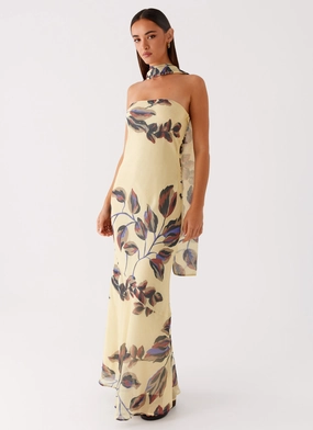 Versatile and Comfortable Under The Pagoda Maxi Dress - Buttercream Leaf Print