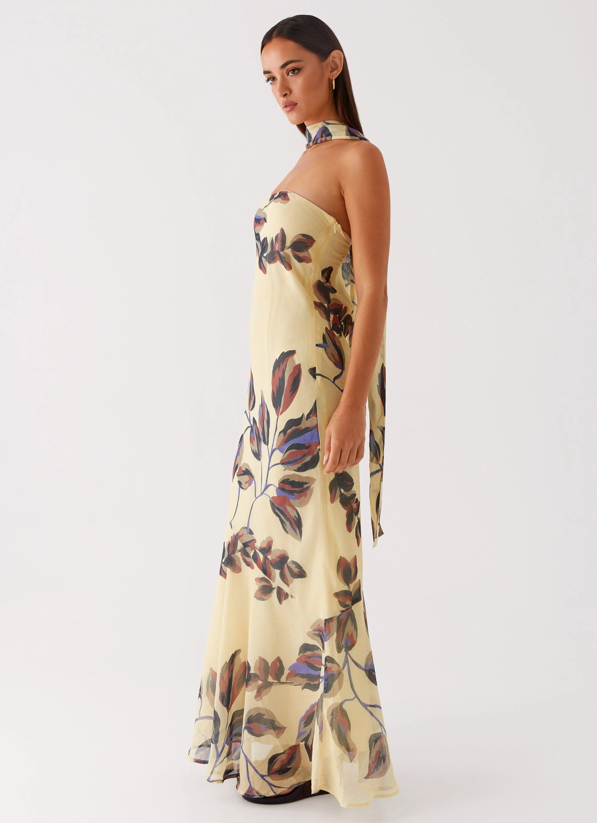 Under The Pagoda Maxi Dress - Buttercream Leaf Print Art Soul Hook-And-Eye