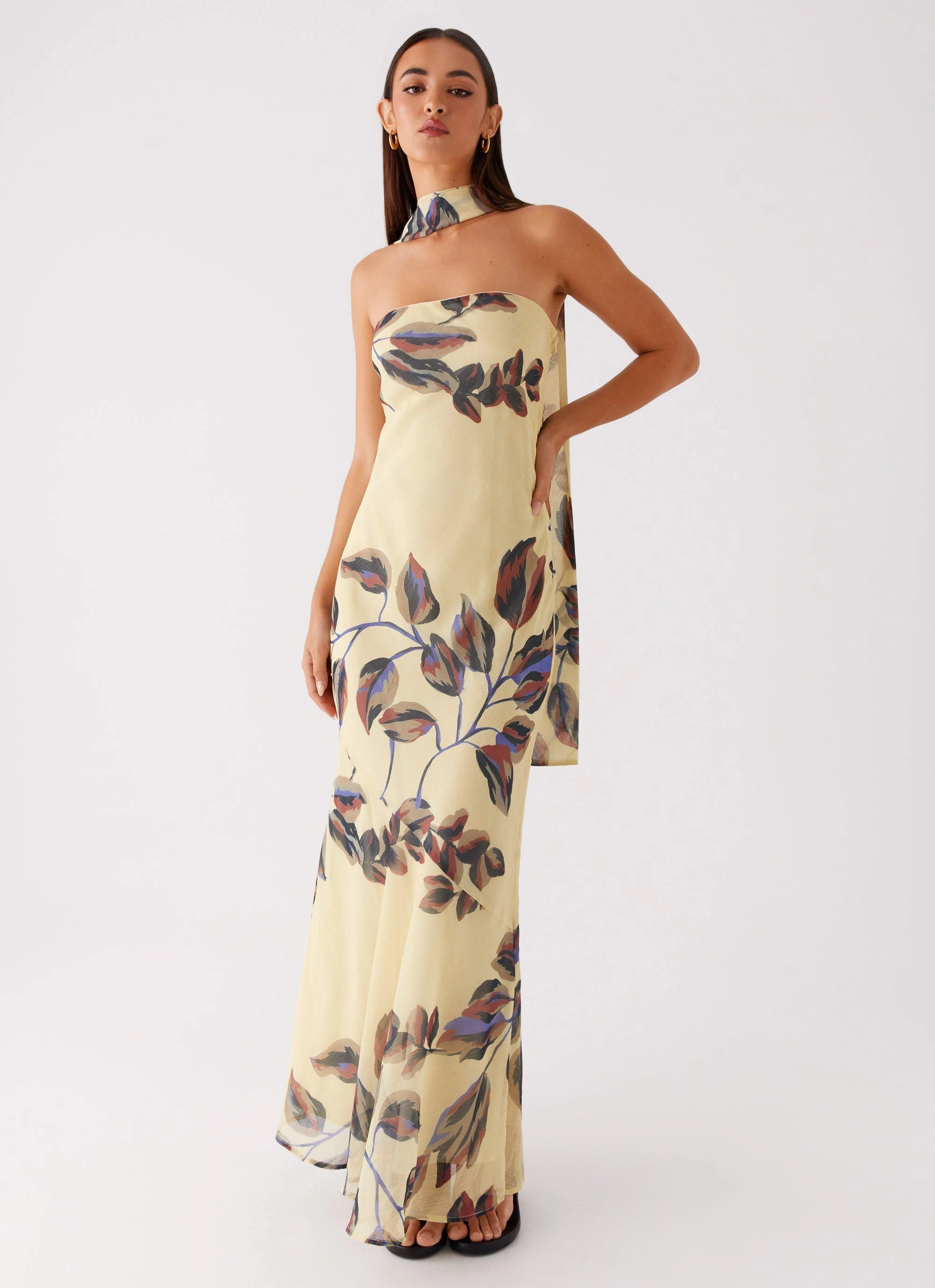 Under The Pagoda Maxi Dress - Buttercream Leaf Print Cozy Base