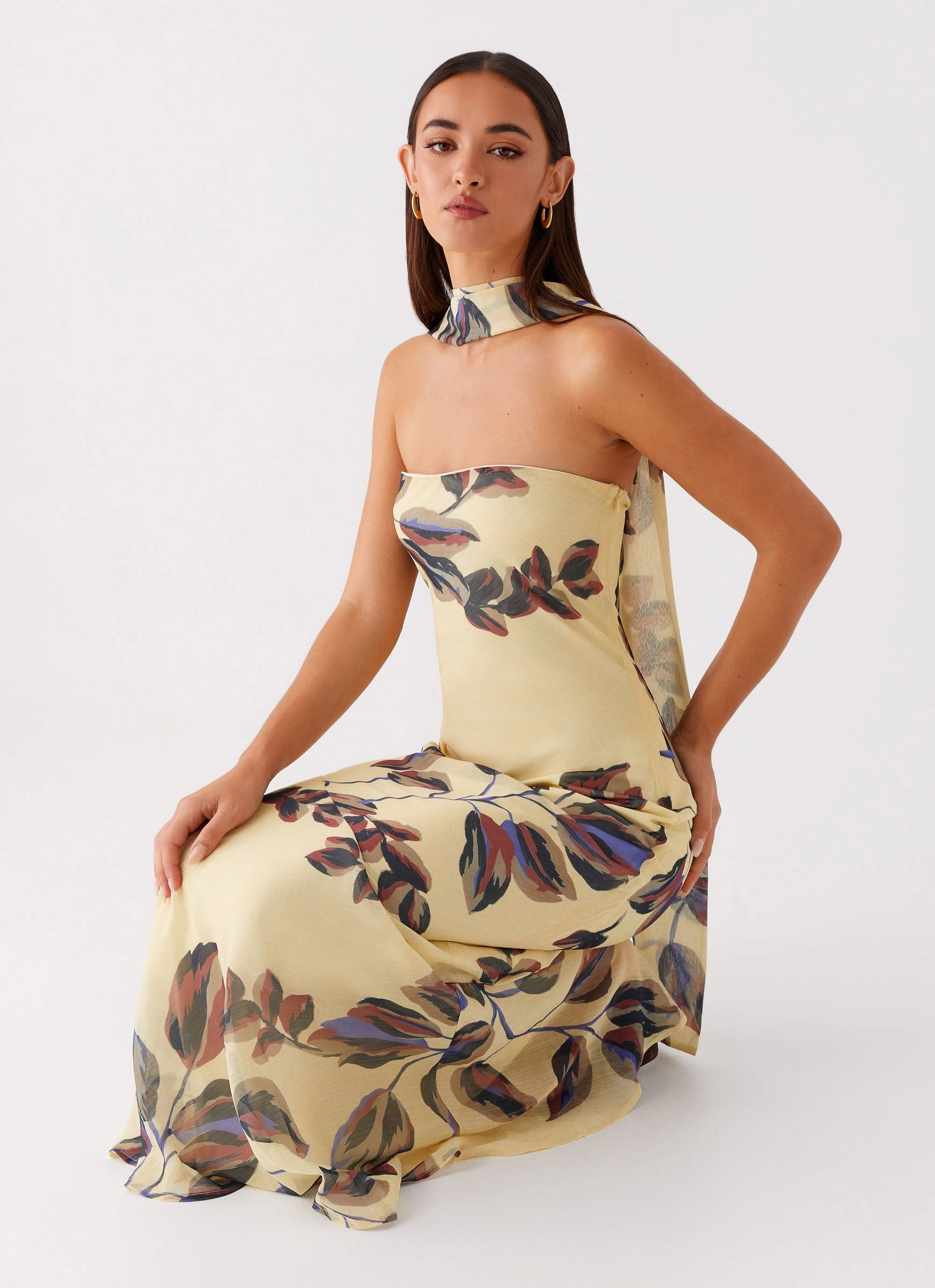 Under The Pagoda Maxi Dress - Buttercream Leaf Print Relax Draping garden party