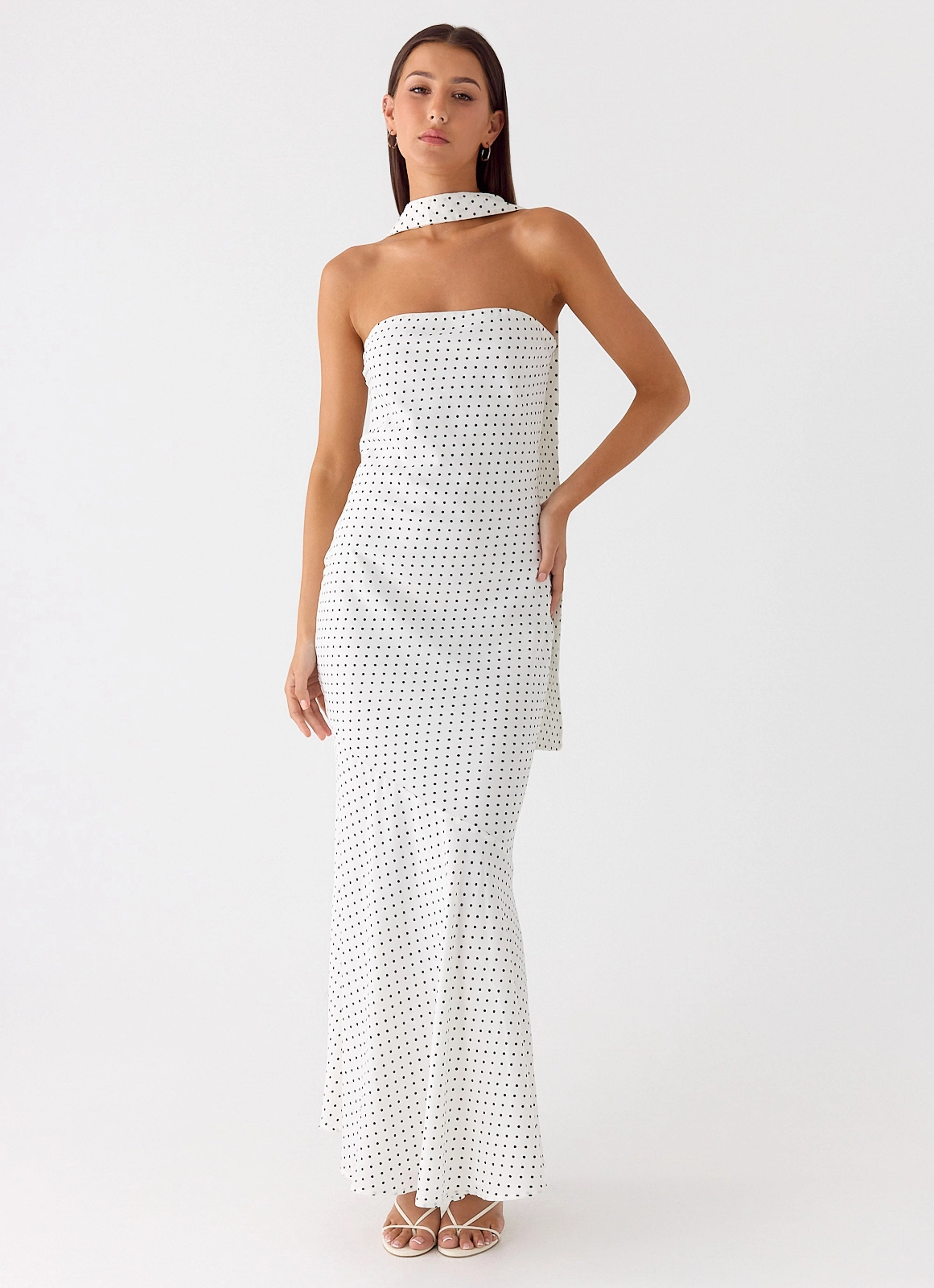 Rose Flush Under The Pagoda Maxi Dress - White Polkadot