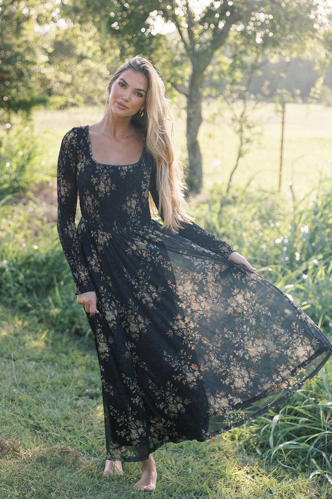 Honor Floral Smocked Woven Maxi Dress in Black - Bump Friendly Tailored Layers