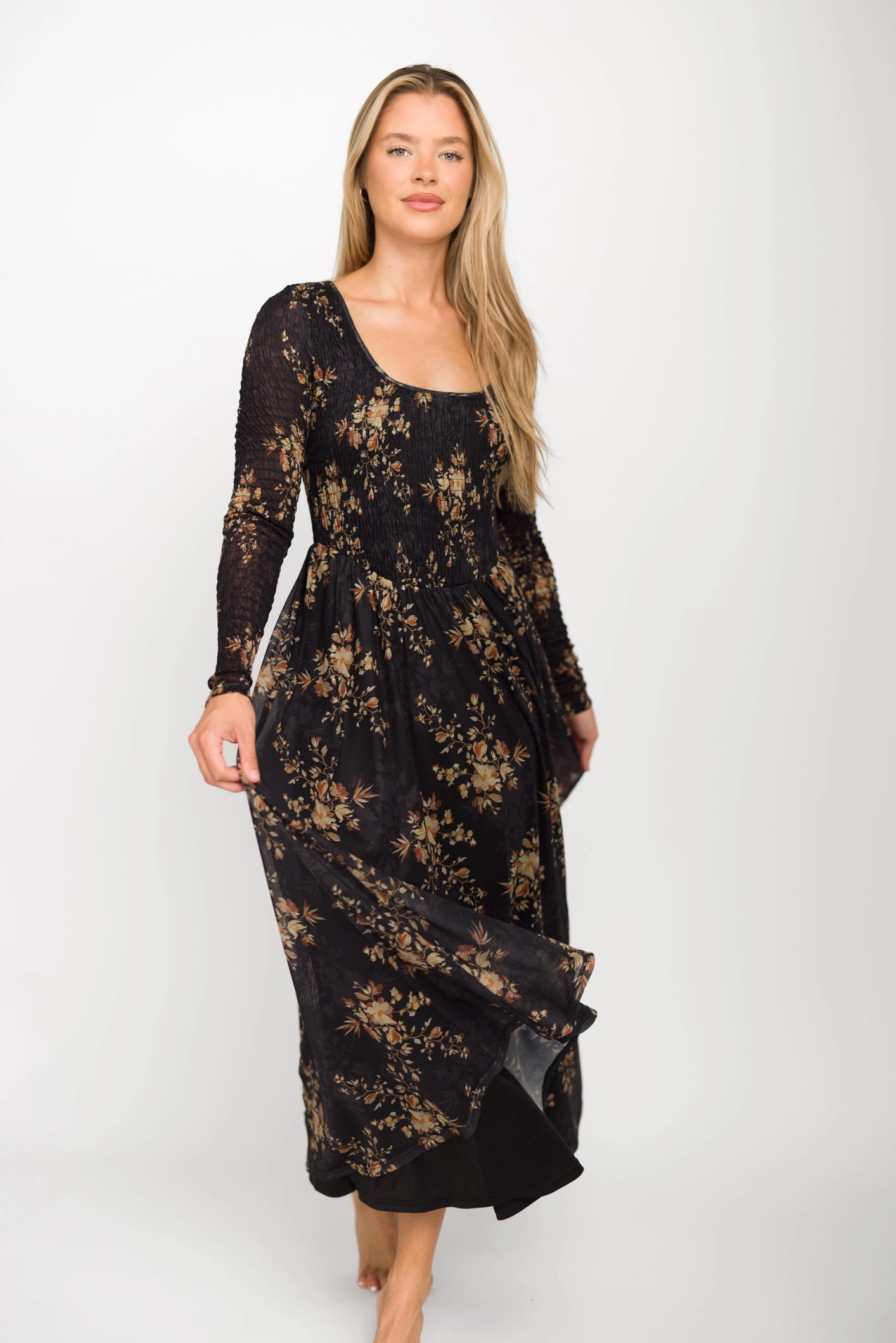 Honor Floral Smocked Woven Maxi Dress in Black - Bump Friendly Office Wear Light Fit