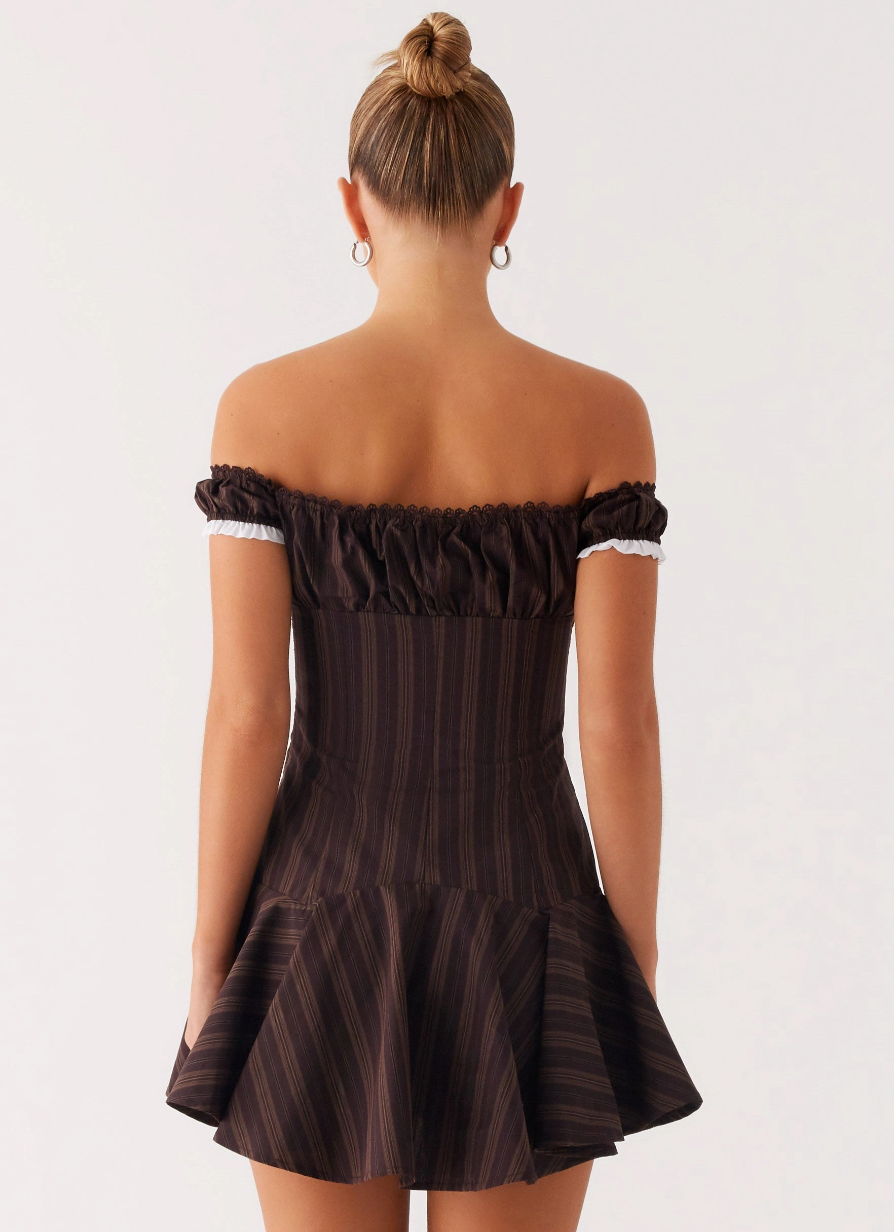 Fashionable And Functional Flattering Shape Jumana Off Shoulder Mini Dress - Toffee Stripe