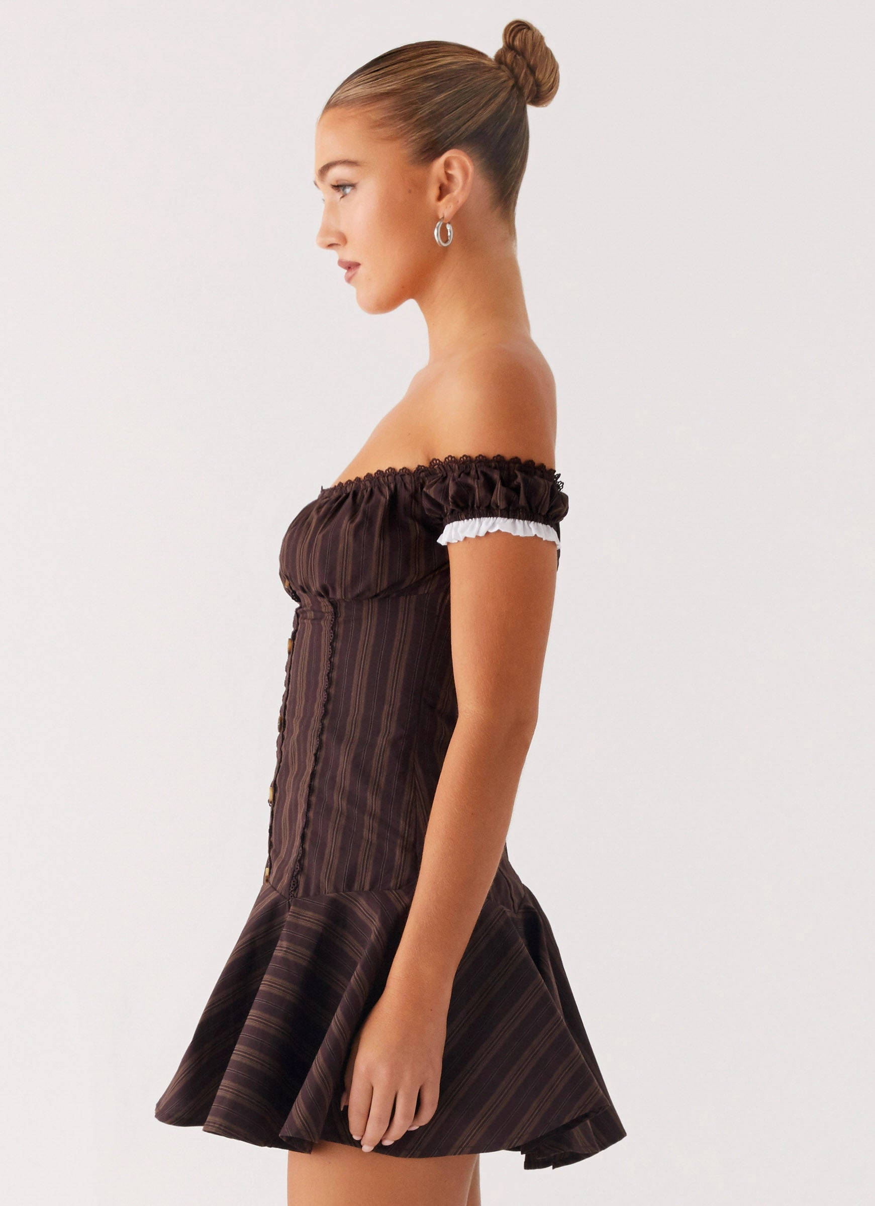 Jumana Off Shoulder Mini Dress - Toffee Stripe Flattering Style Sage Glow