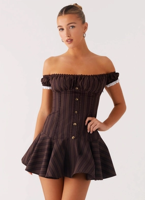Jumana Off Shoulder Mini Dress - Toffee Stripe Cruise-Wear