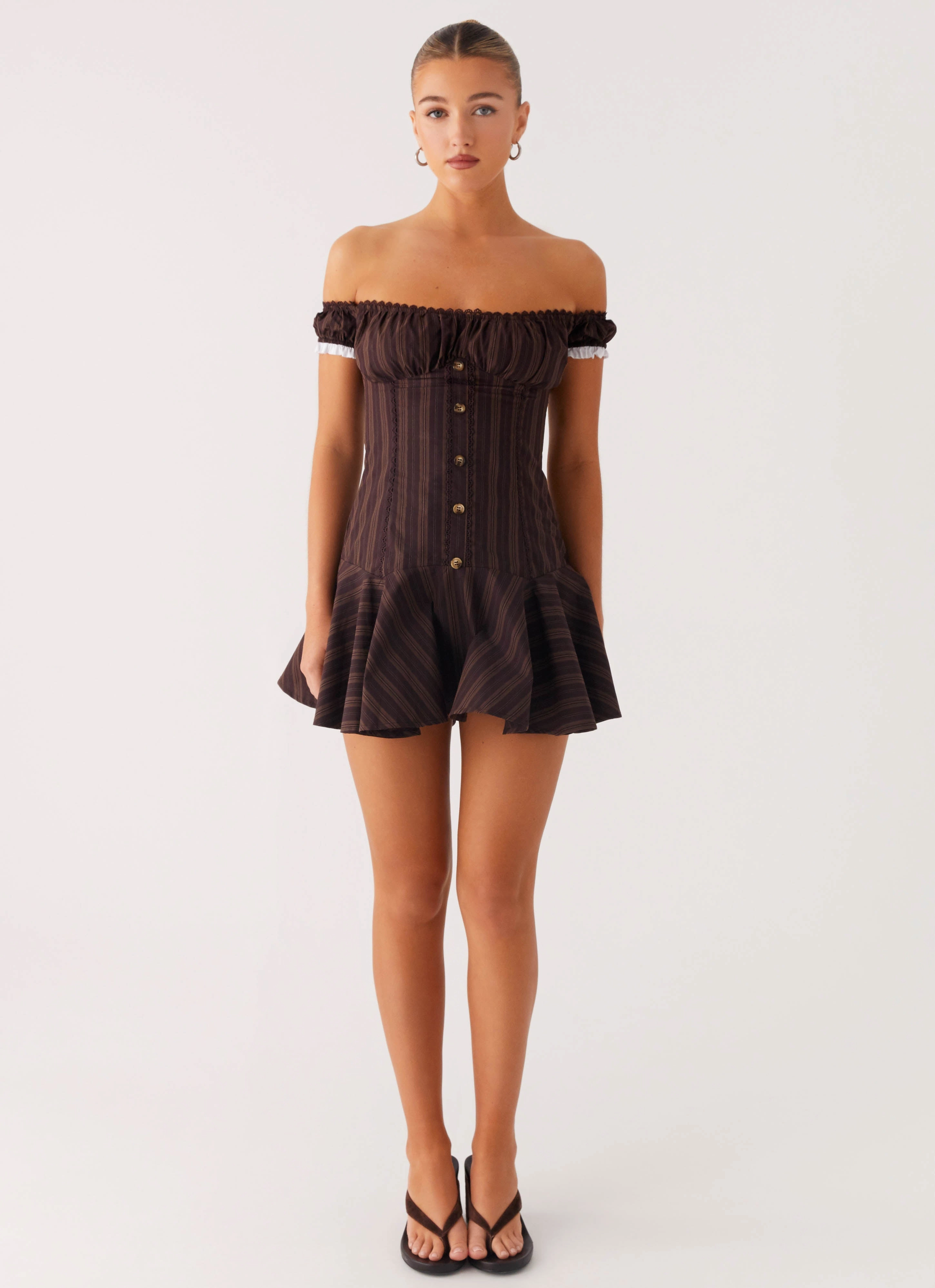 Jumana Off Shoulder Mini Dress - Toffee Stripe Subtle Comfort Shimmer-Finish