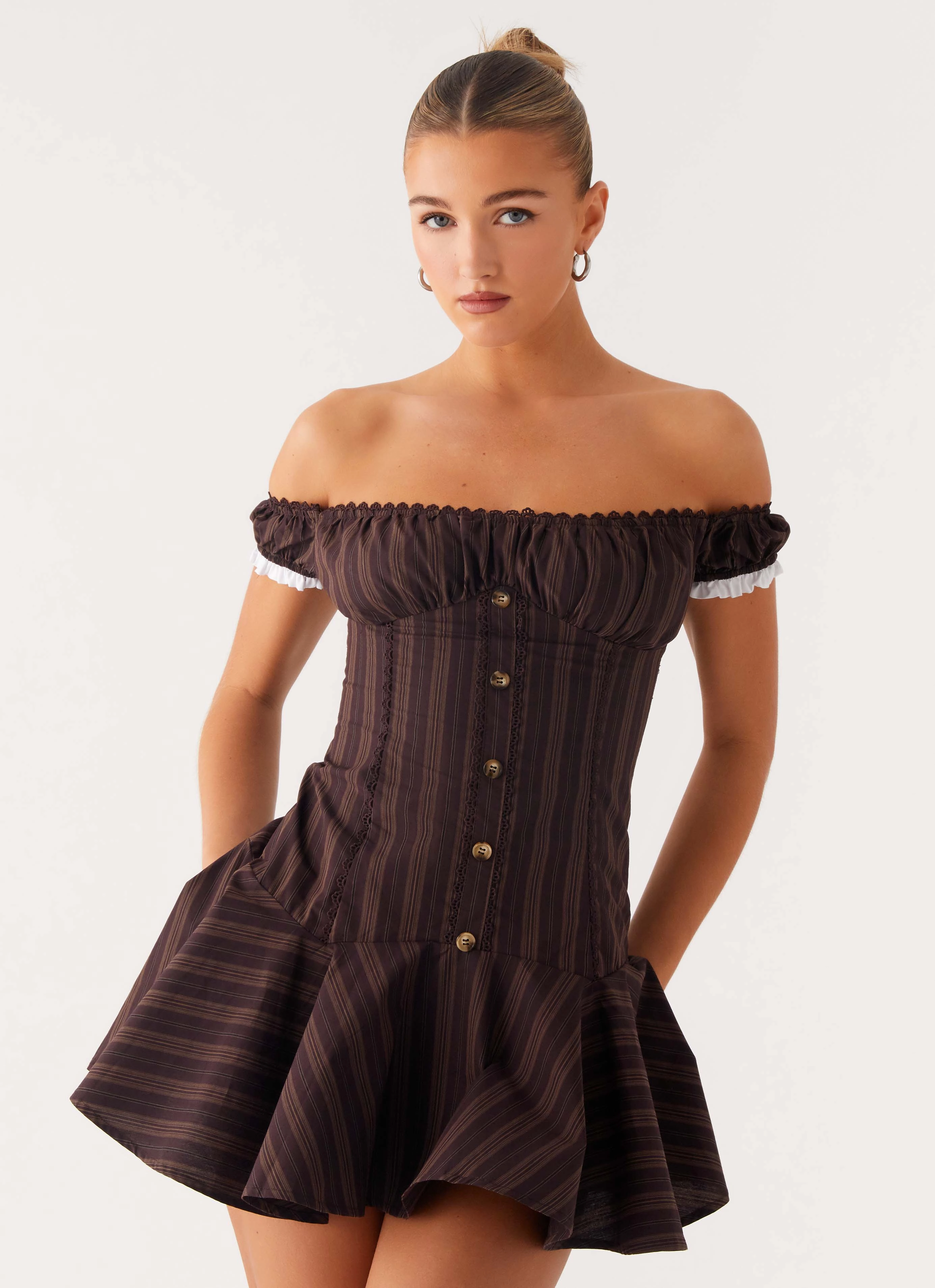 Jumana Off Shoulder Mini Dress - Toffee Stripe Adjustable-Length