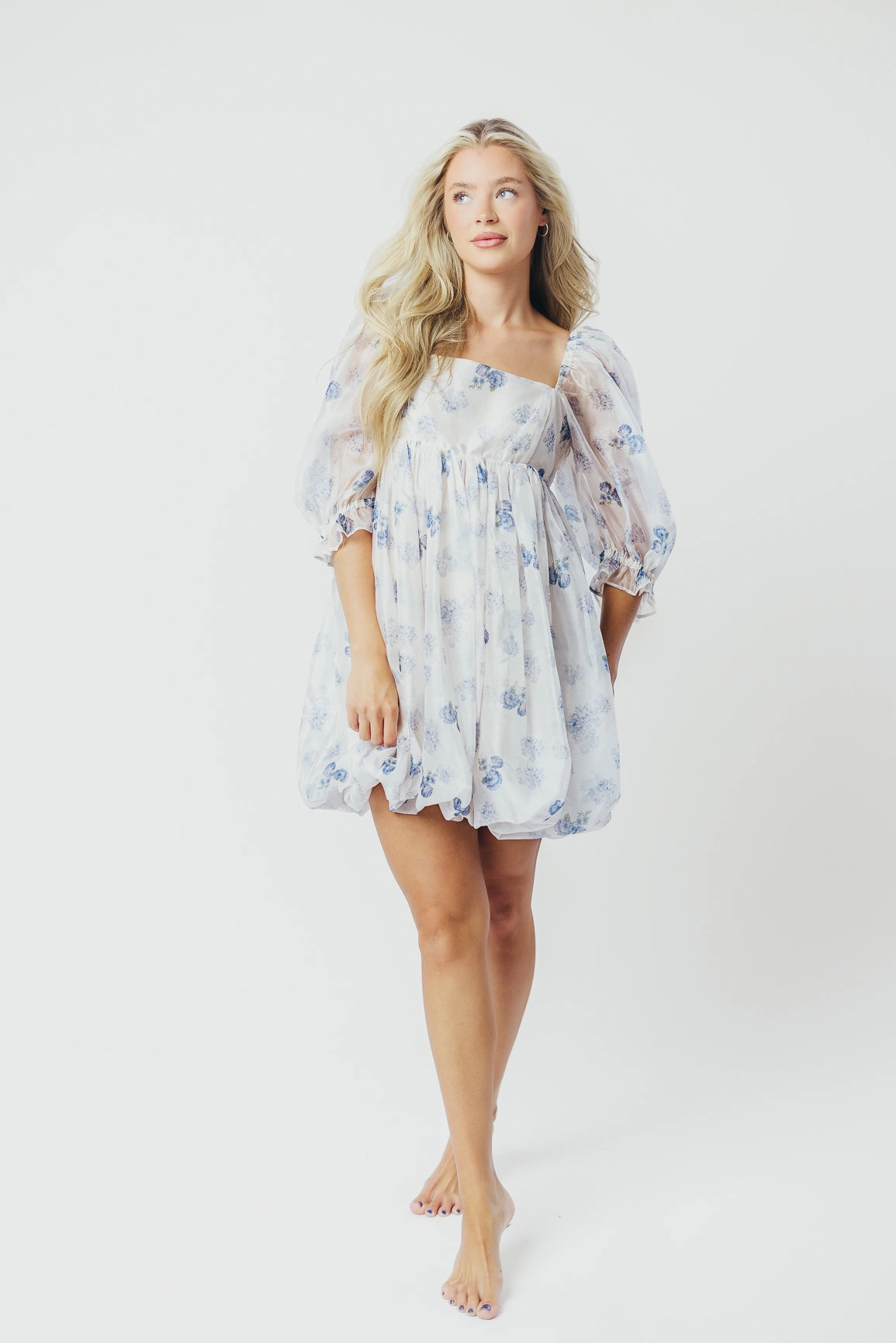 Chase Bubble Hem Mini Dress in White/Periwinkle *Final-Sale* Light Sheen Cold-Shoulder