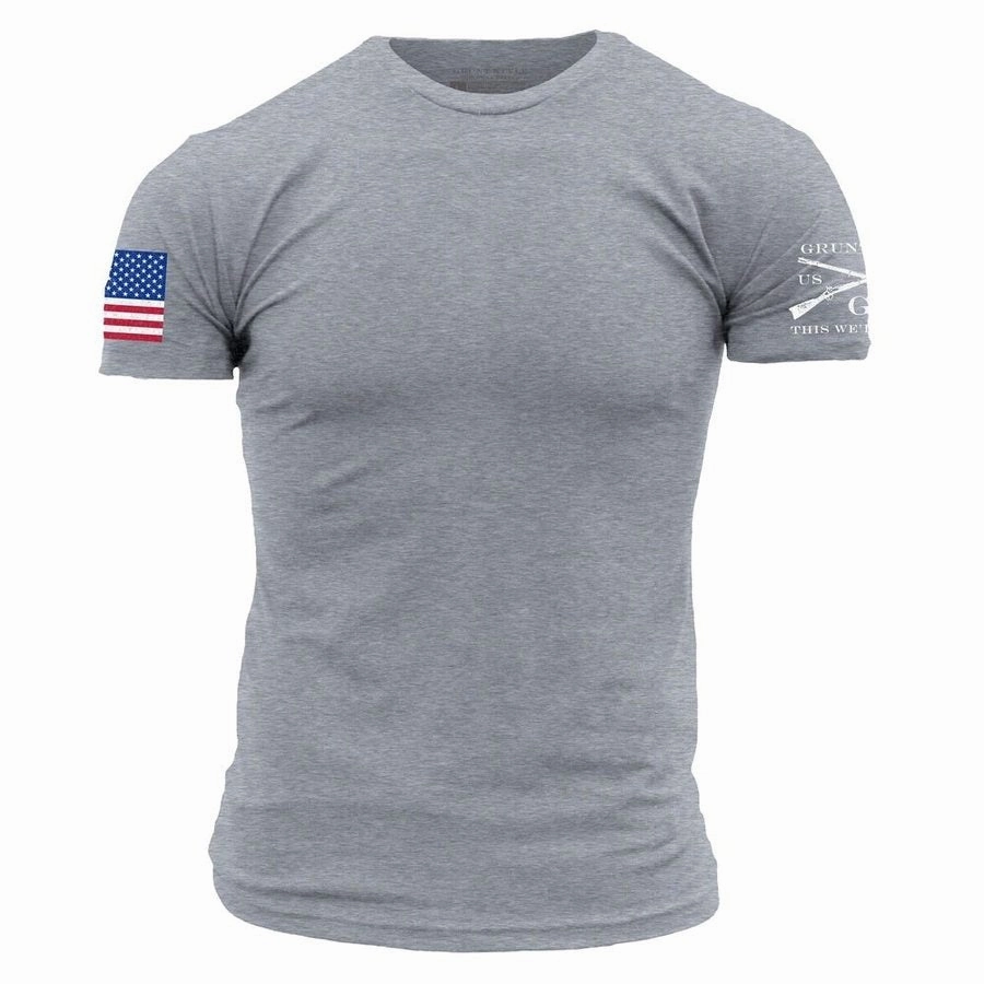 USA Flag Basic T-Shirt - Dark Heather Gray Wicking Interlock Knit Essential Casual