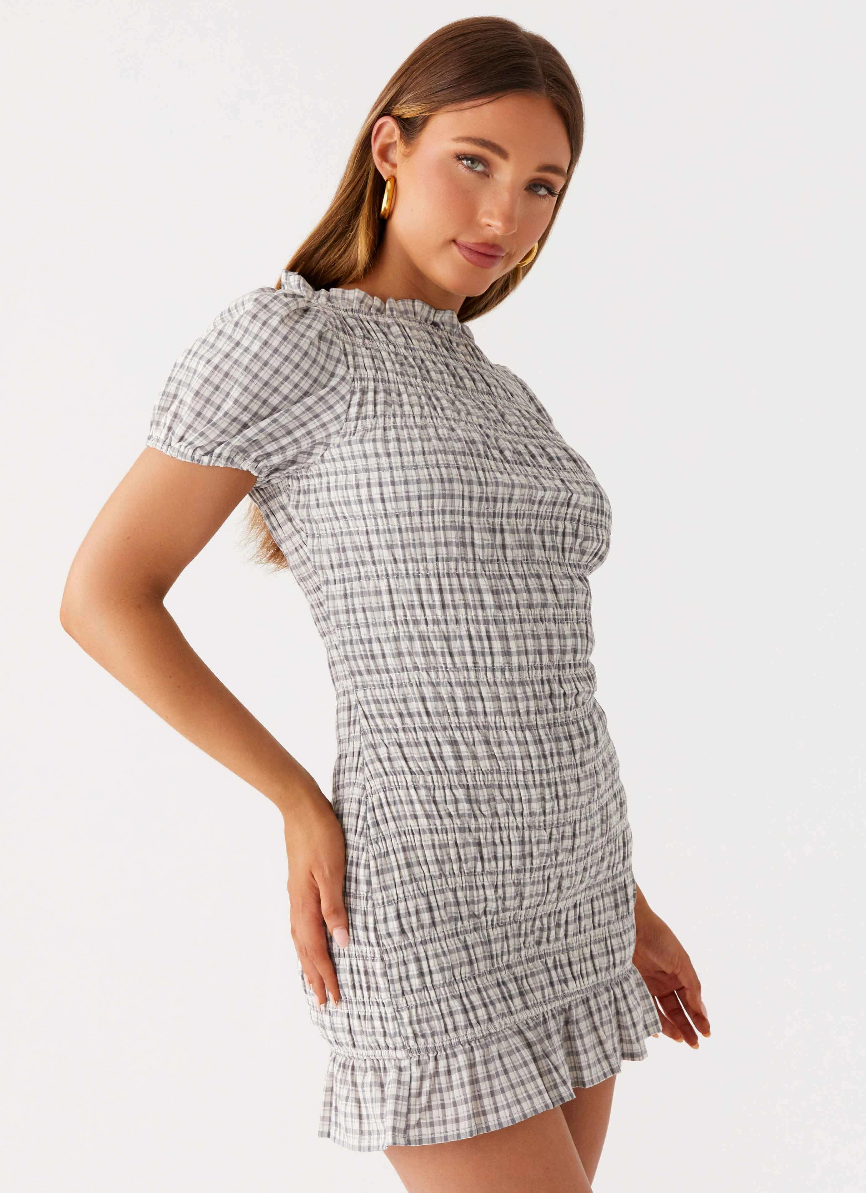 Versatile Design Millicent Ruched Mini Dress - Grey Check