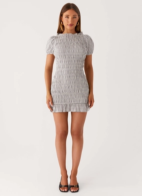 Millicent Ruched Mini Dress - Grey Check Winter Layering