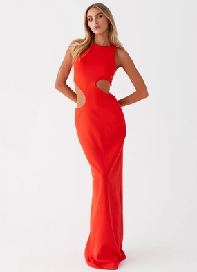 Belt Waist Waist-Cinching Vaeloria Maxi Dress - Red