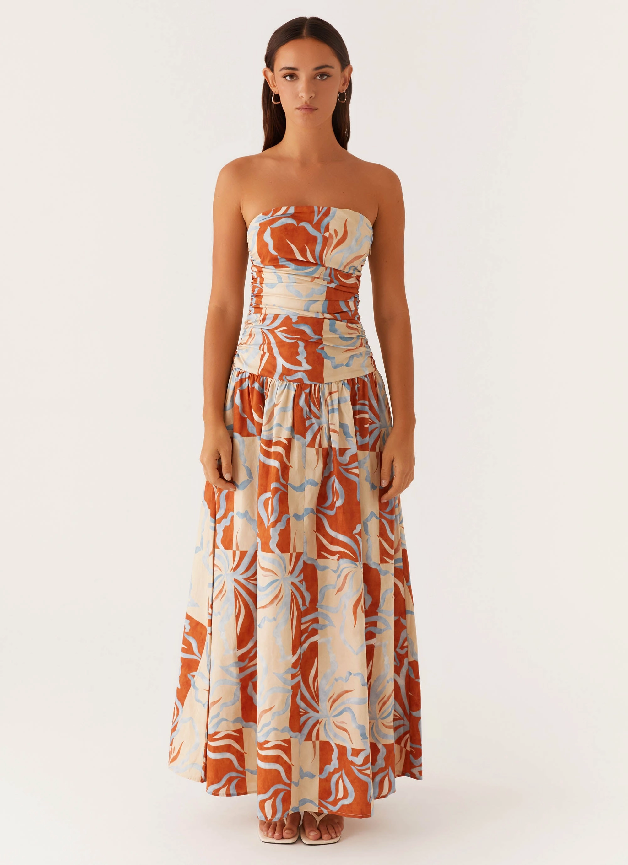 Graceful Ease Sweetheart Cut Carmel Maxi Dress - Orange Blue Floral