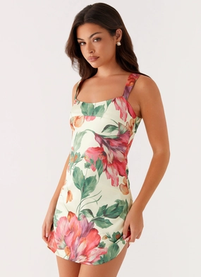 Cozy Drape Smooth Detail Odette Satin Mini Dress - Yellow Floral