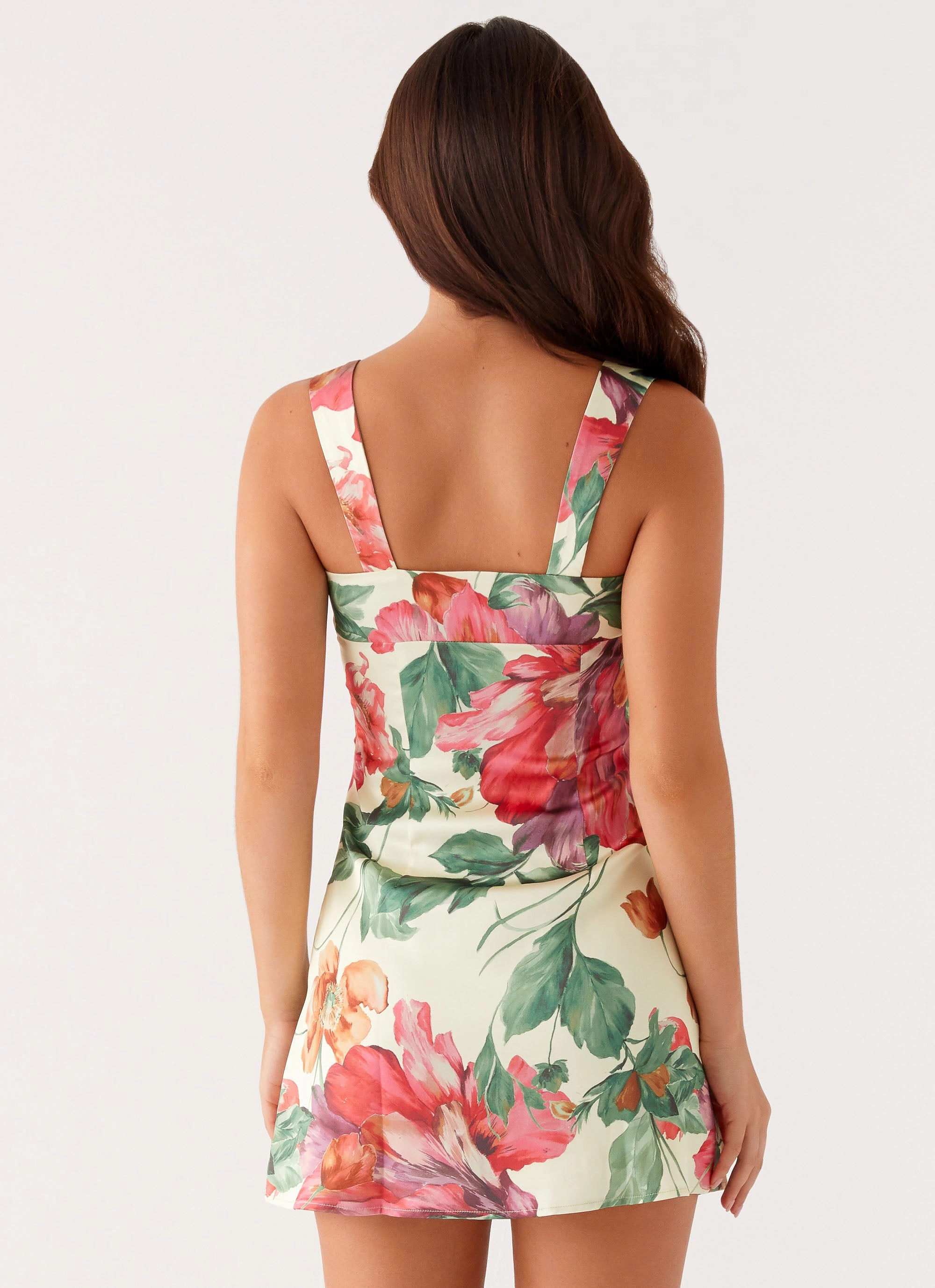 Minimal Curve Clean Fit Odette Satin Mini Dress - Yellow Floral