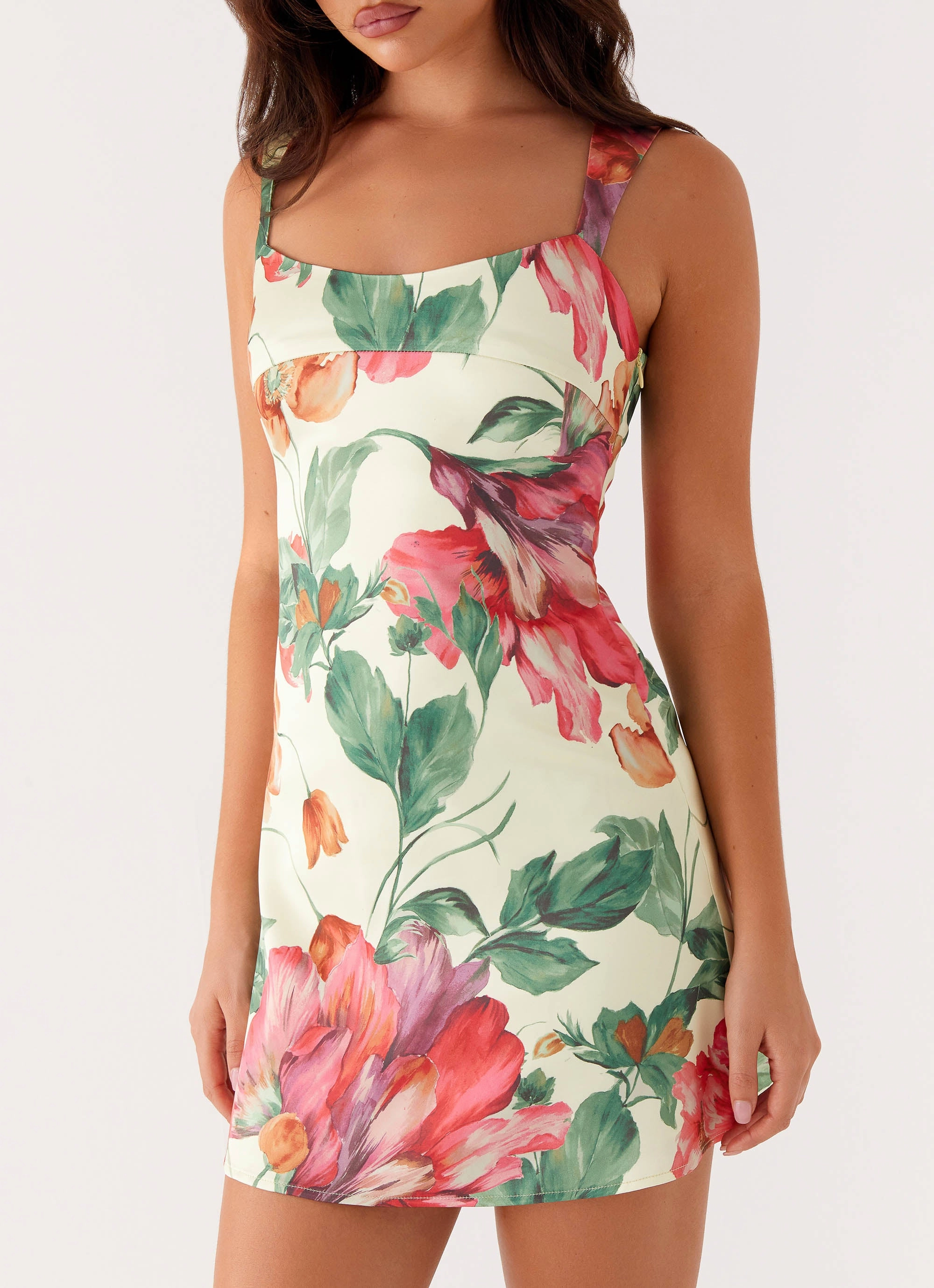 Photo Glow Fashionable Fit Odette Satin Mini Dress - Yellow Floral