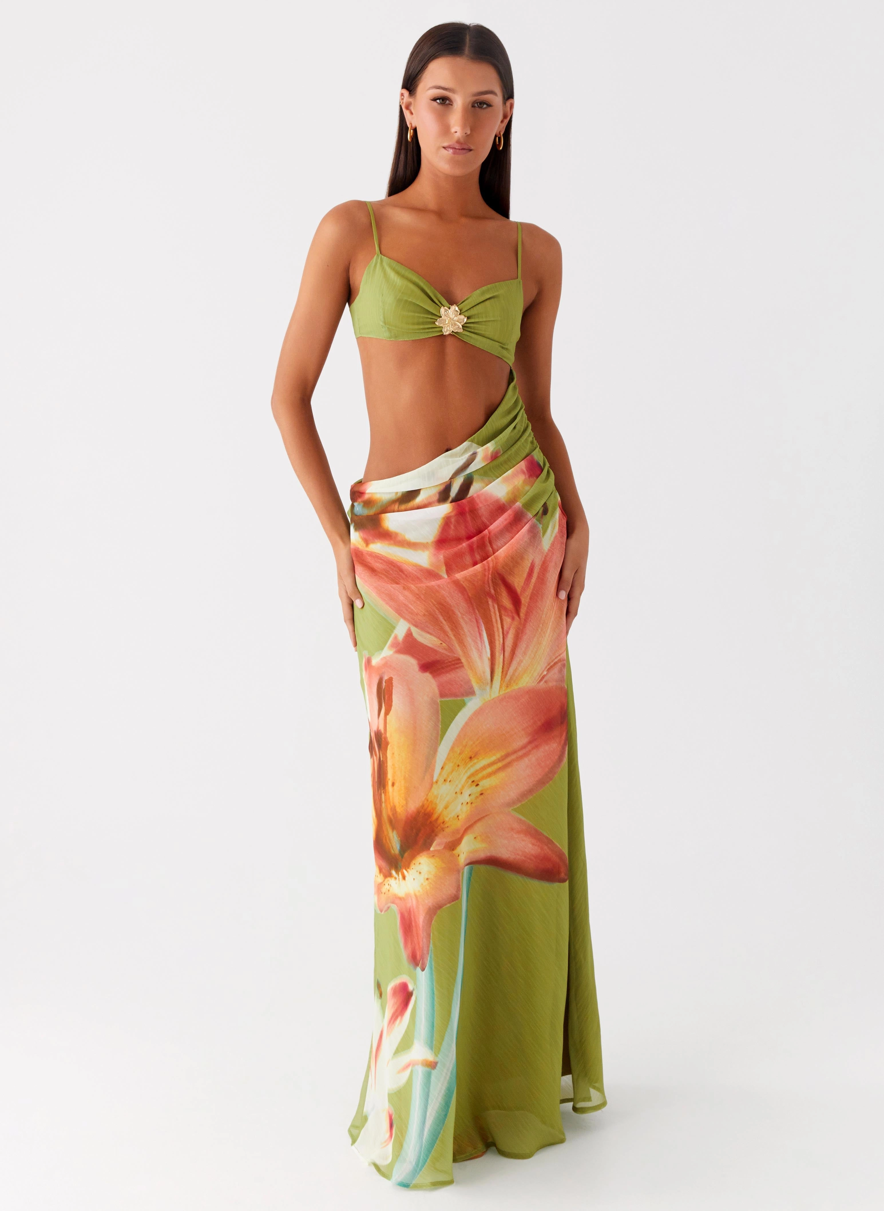 Tropic Rush Cut Out Maxi Dress - Jungle Floral Feminine empire waist dress Smart Layer Wear