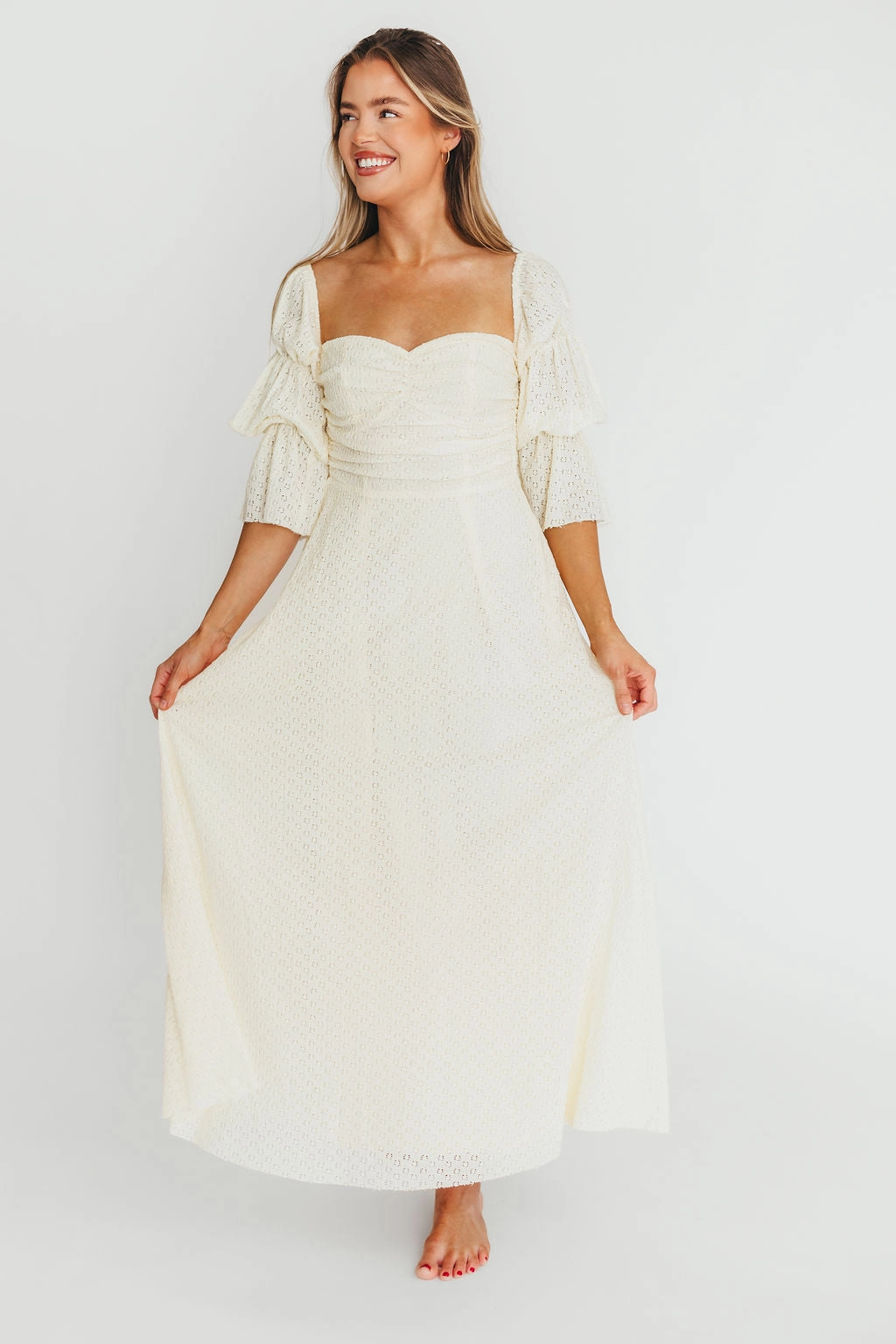 Corrine Tiered Sleeve Maxi Dress with Pockets in Butter Yellow - Bump Friendly Smooth Surface