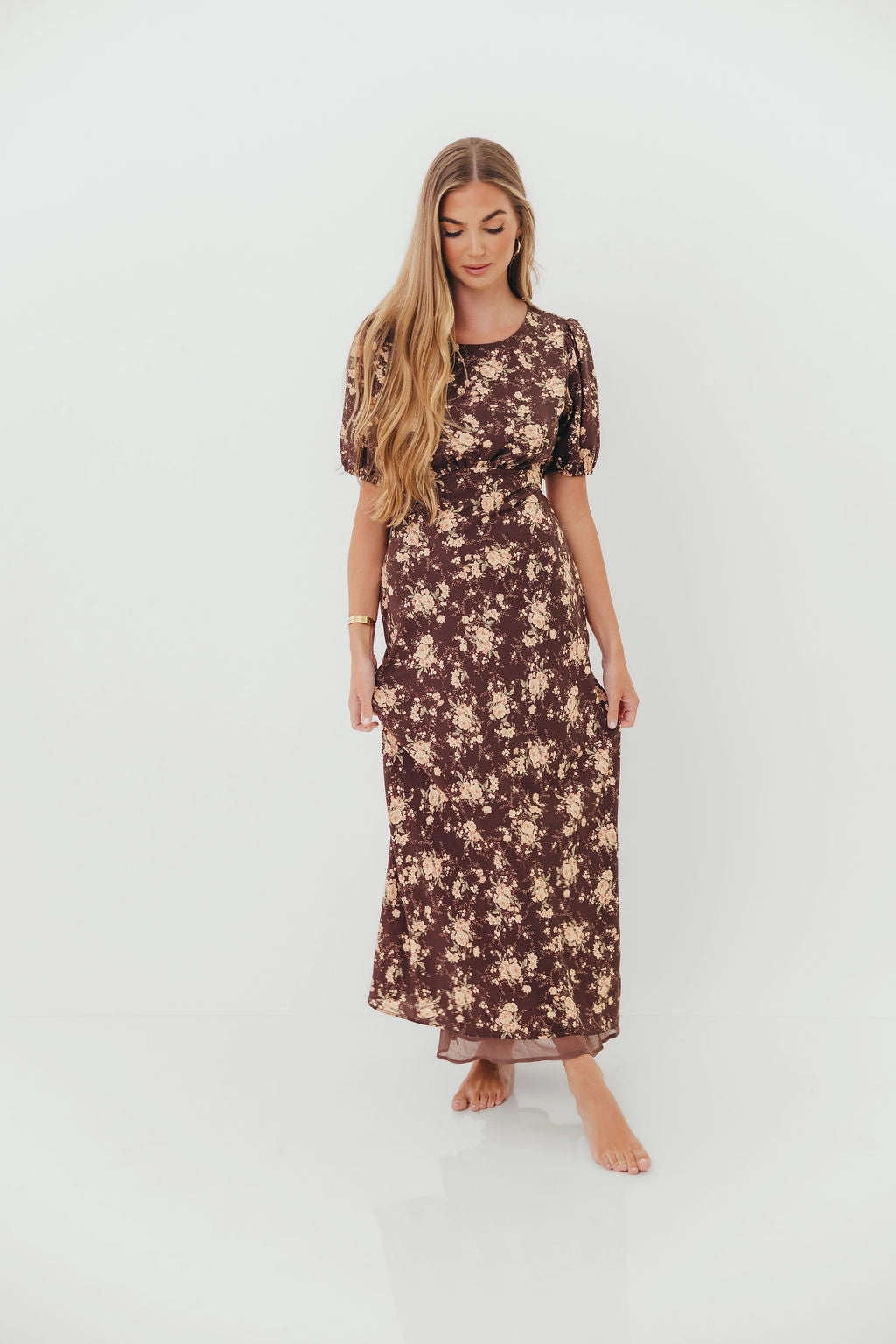 Sleek and Simple Comfy Fit Annie Maxi Dress in Mocha Floral