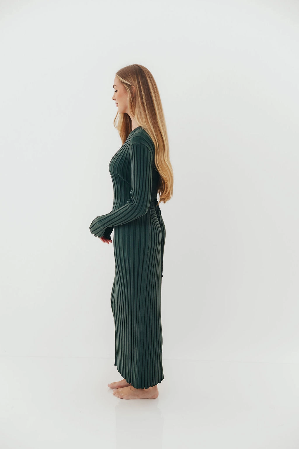 Natural Tones Front-Pocket Colette Premium Long Sleeved Ribbed Knit Maxi Dress in Green - Bump Friendly
