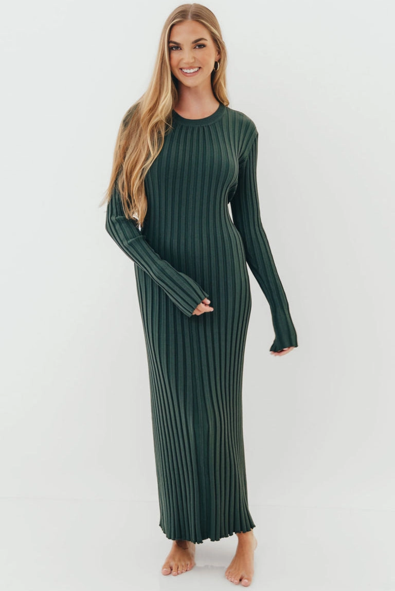 Colette Premium Long Sleeved Ribbed Knit Maxi Dress in Green - Bump Friendly Floating Shape Trend Movement