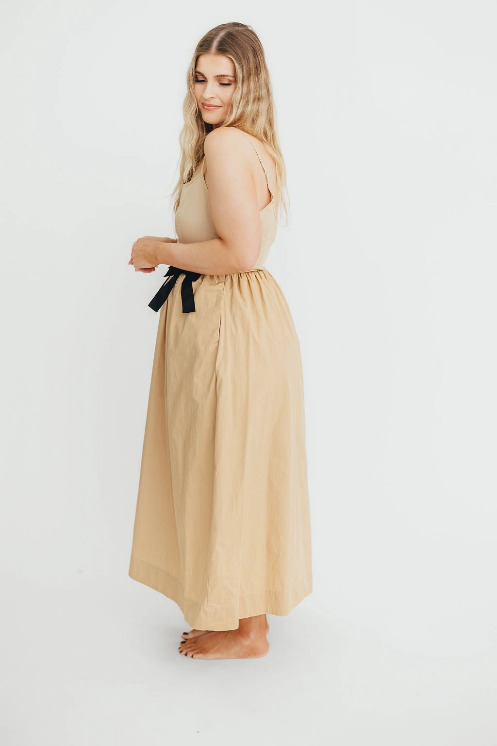 Feminine Design Celeste Square Neck Midi Dress with Bow Detail in Khaki *Final-Sale*