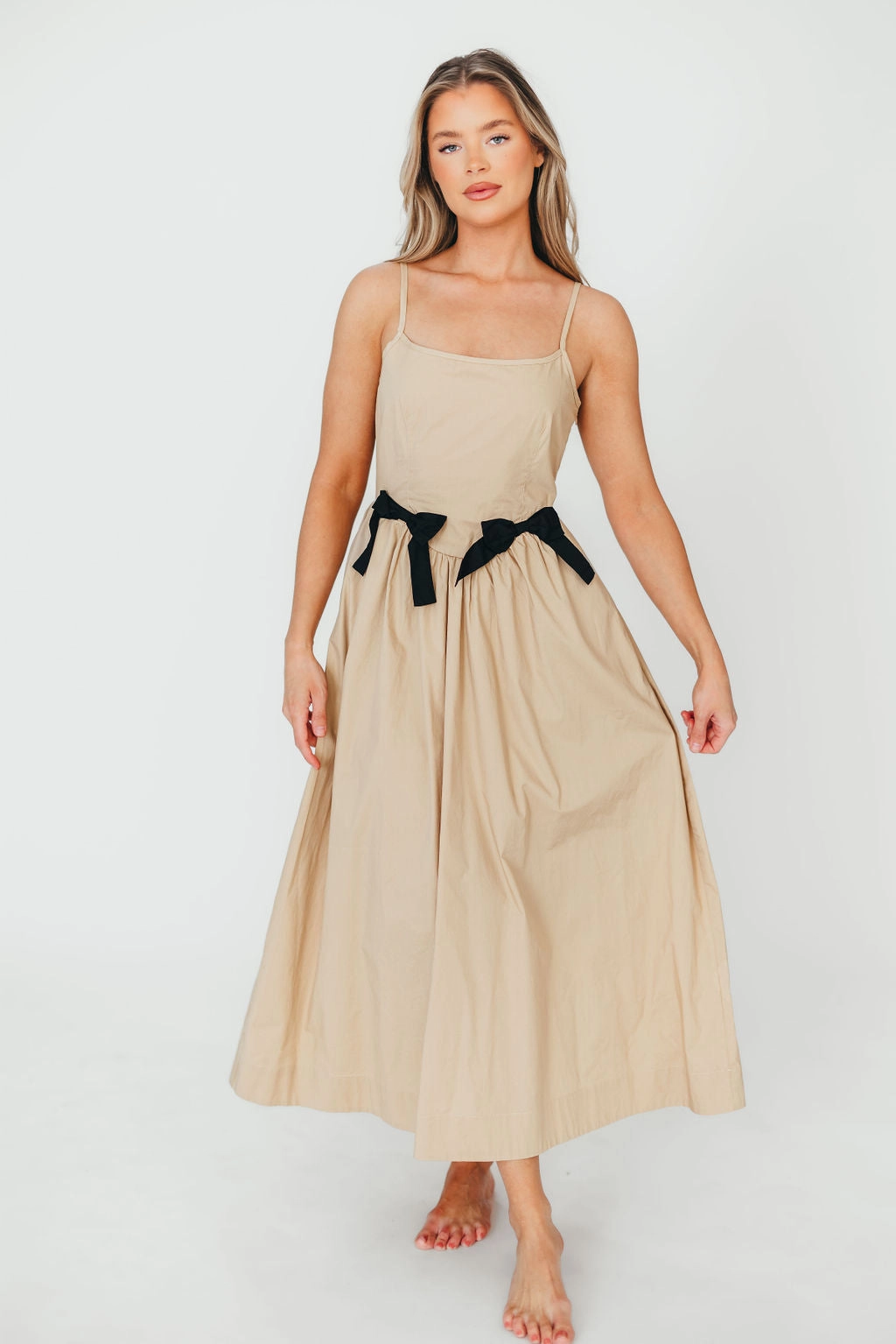 Celeste Square Neck Midi Dress with Bow Detail in Khaki *Final-Sale* Light Appeal Natural Silhouette