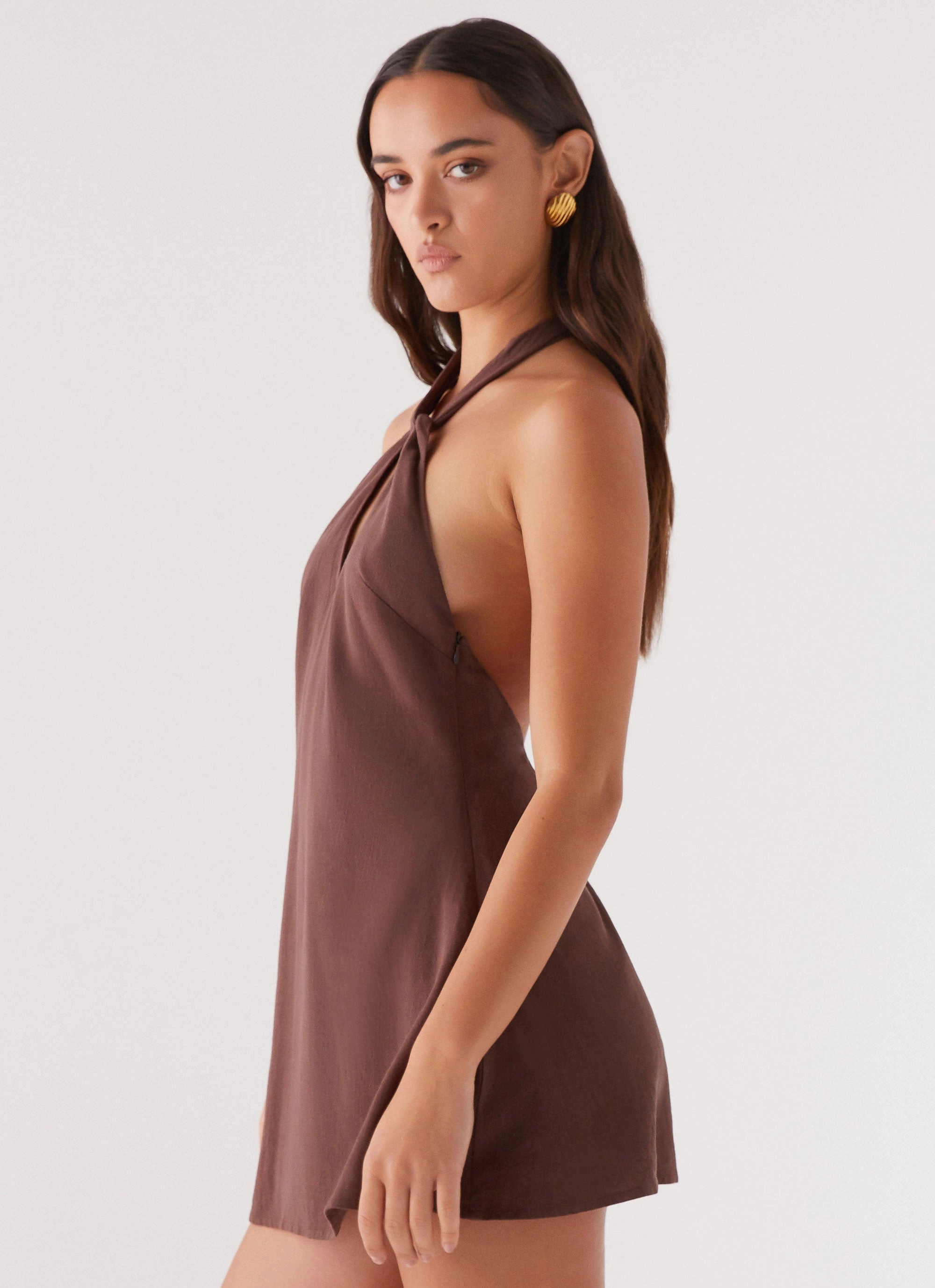 Travel Edge Dreamy Look Counting Stars Linen Halterneck Dress - Chocolate