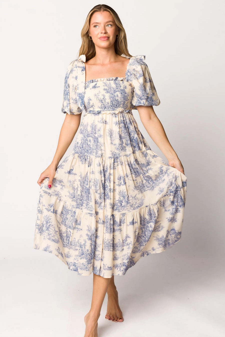 Elena 100% Cotton Toile Print Smocked Midi Dress in Blue - Bump Friendly loose silhouette